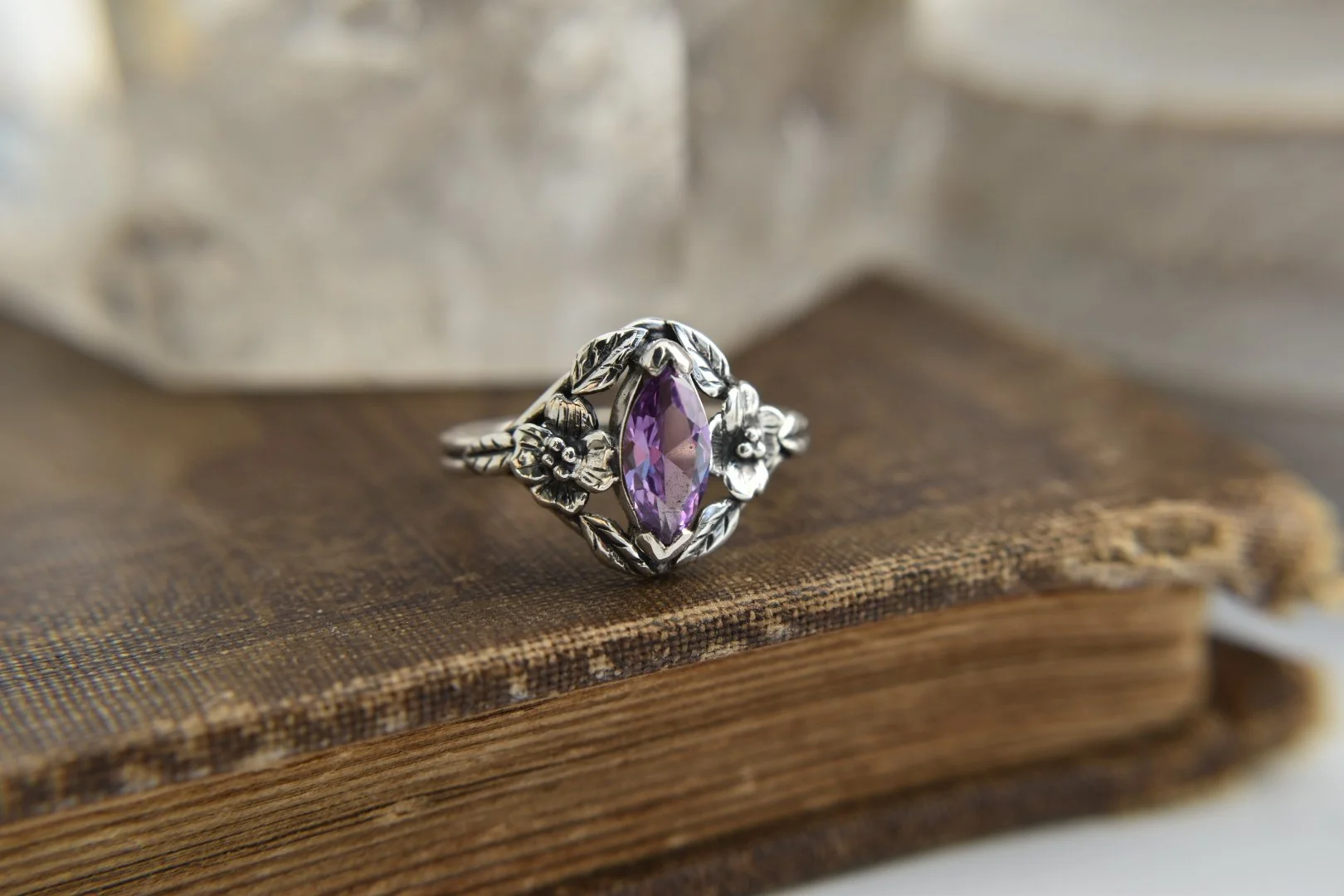 Dogwood flower floral art nouveau inspired gemstone alternative engagement ring