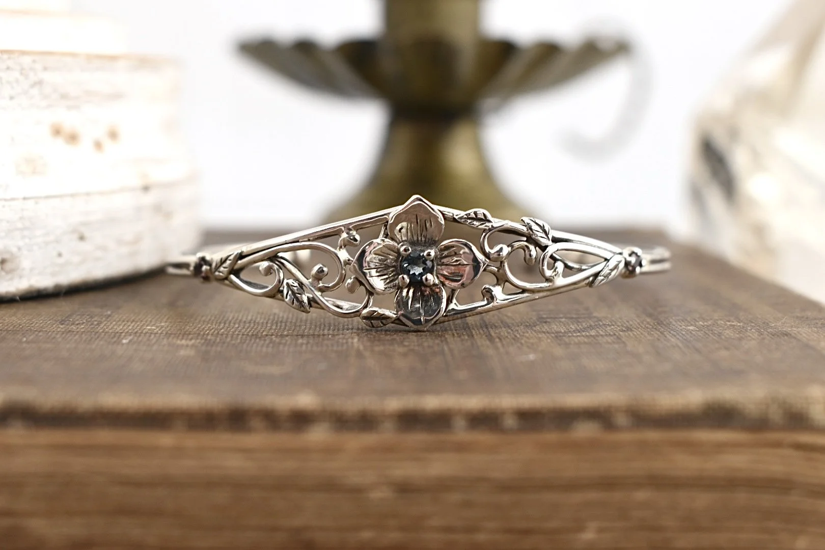 Hydrangea Flower silver cuff bracelet with blue topaz and pink tourmaline