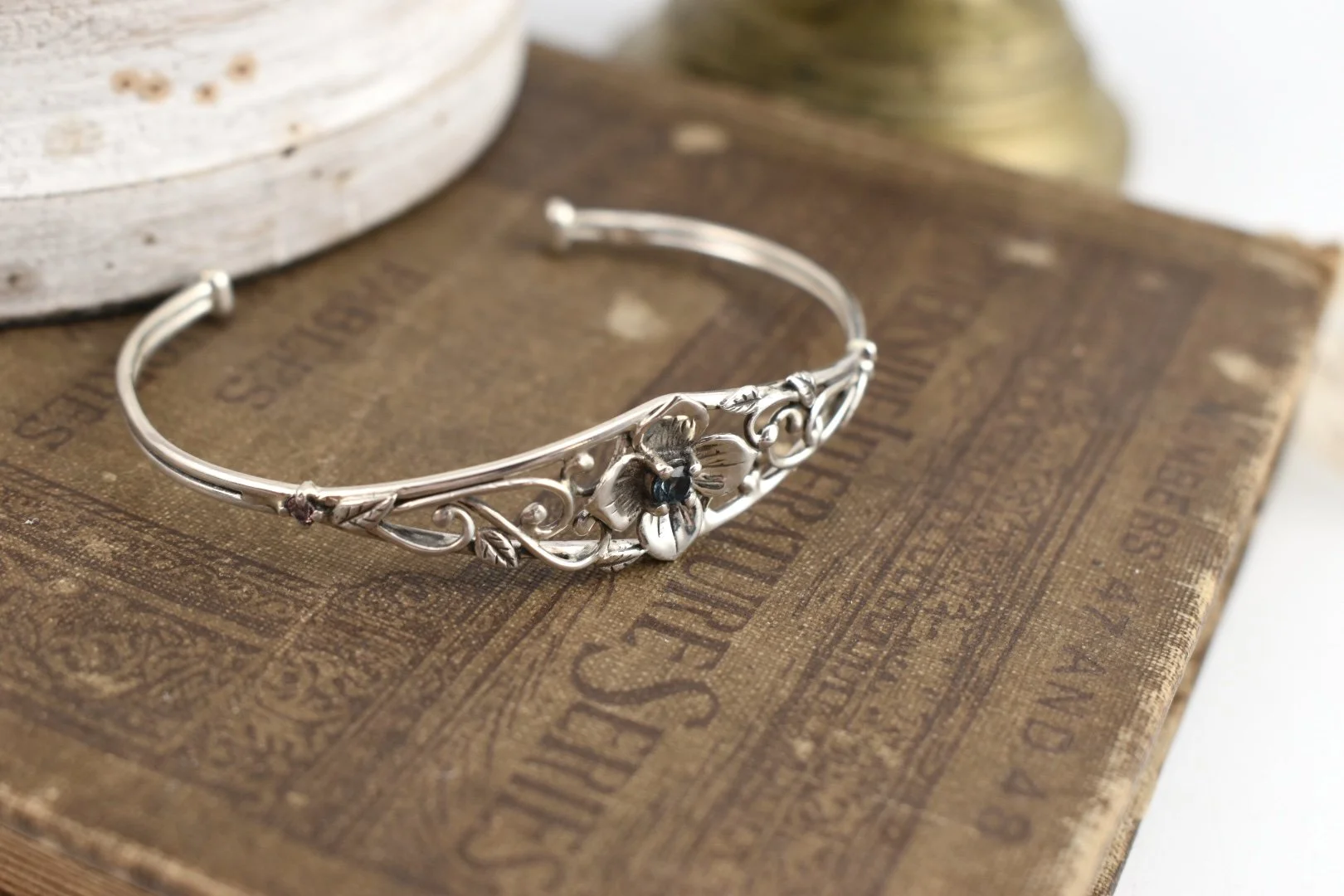 Hydrangea Flower silver cuff bracelet with blue topaz and pink tourmaline