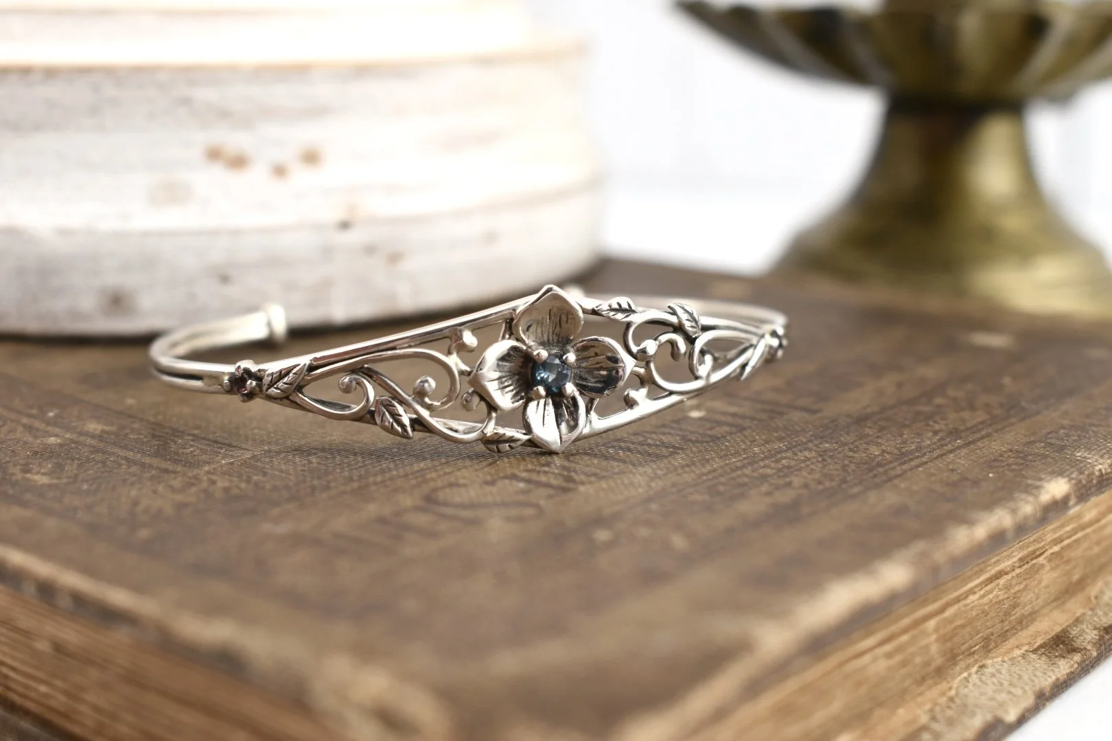 Hydrangea Flower silver cuff bracelet with blue topaz and pink tourmaline