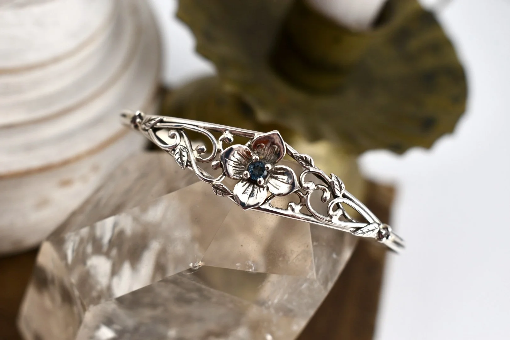 Hydrangea Flower silver cuff bracelet with blue topaz and pink tourmaline