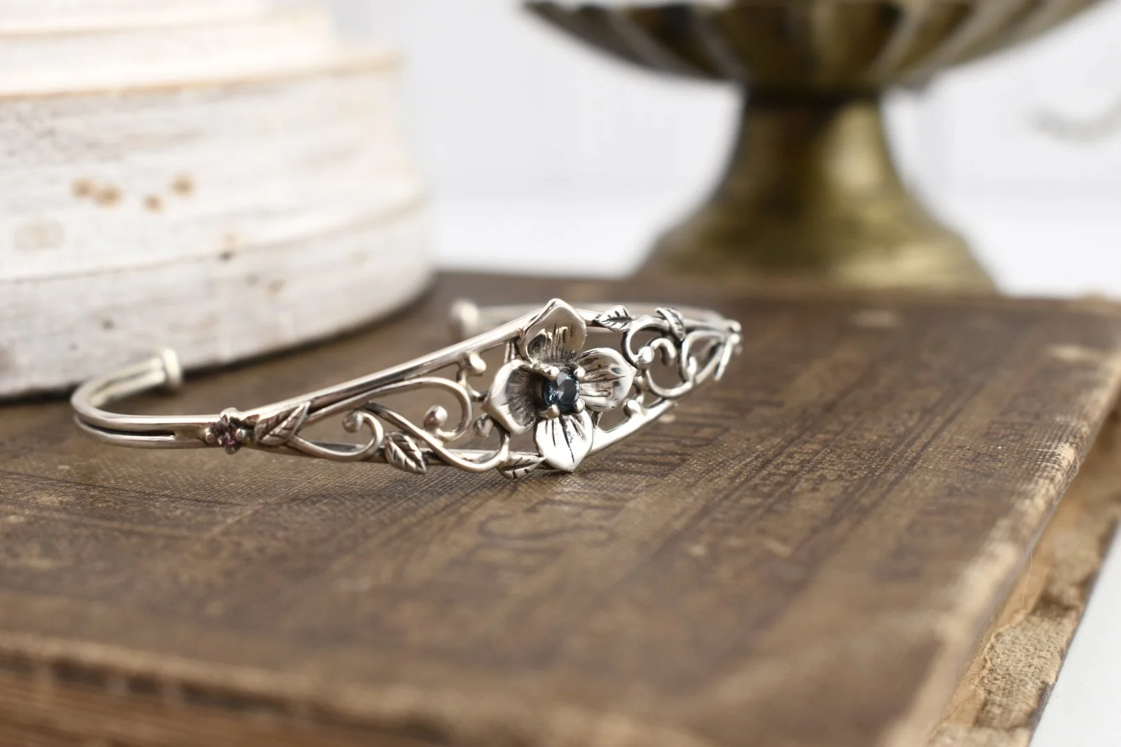 Hydrangea Flower silver cuff bracelet with blue topaz and pink tourmaline