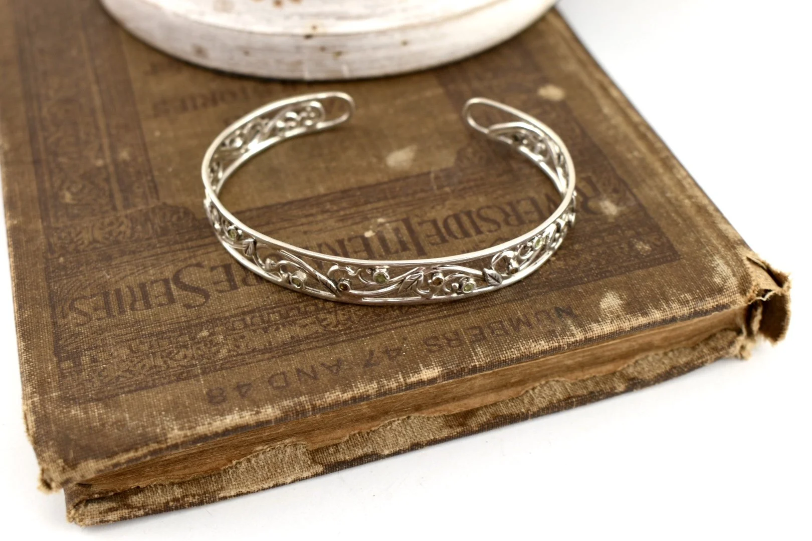 Silver scrollwork peridot and citrine art nouveau cuff bracelet