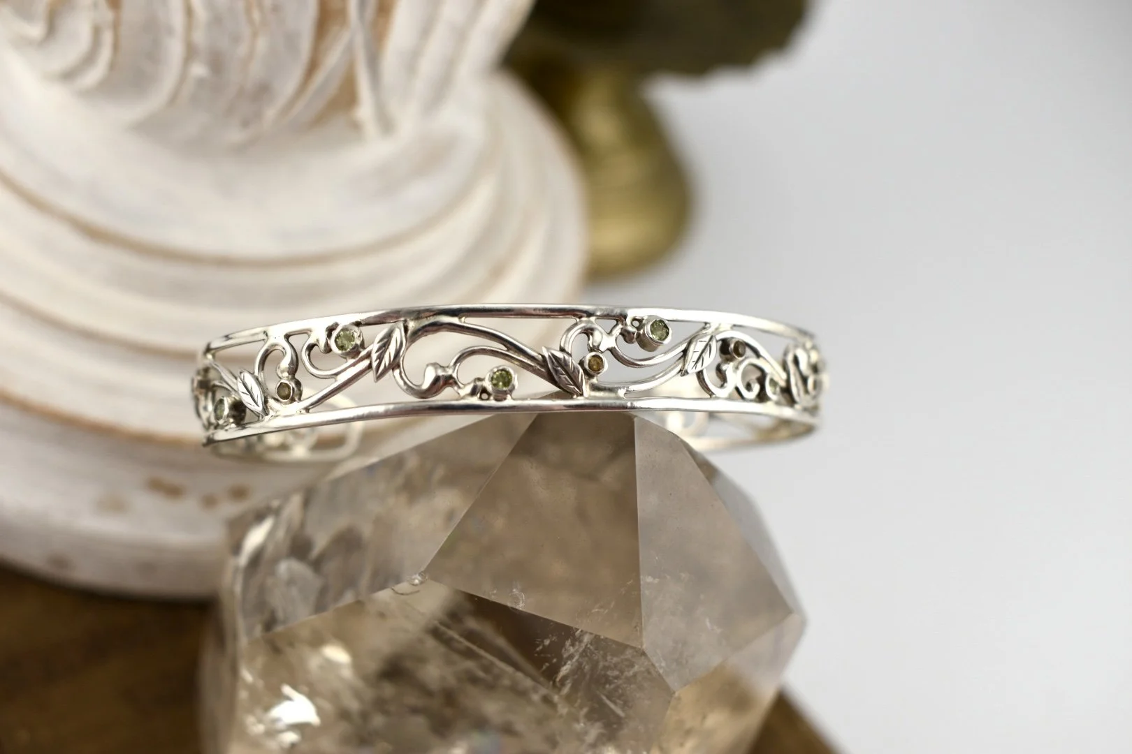 Silver scrollwork peridot and citrine art nouveau cuff bracelet