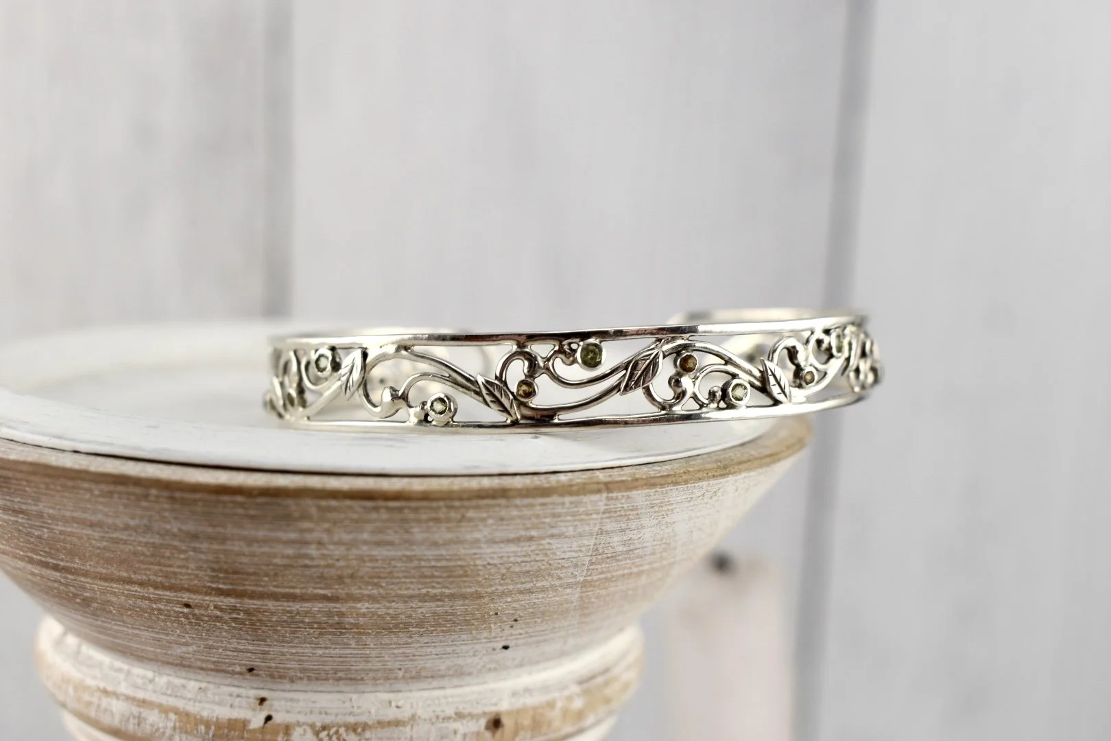 Silver scrollwork peridot and citrine art nouveau cuff bracelet