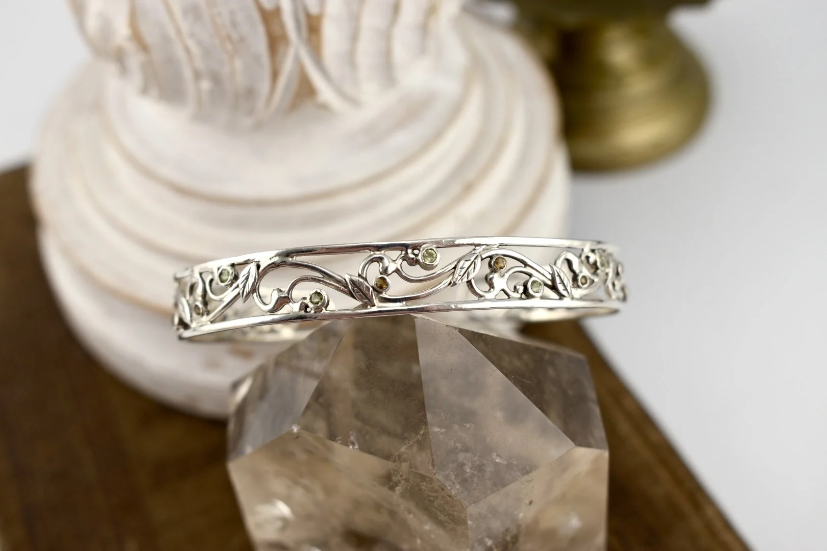 Silver scrollwork peridot and citrine art nouveau cuff bracelet