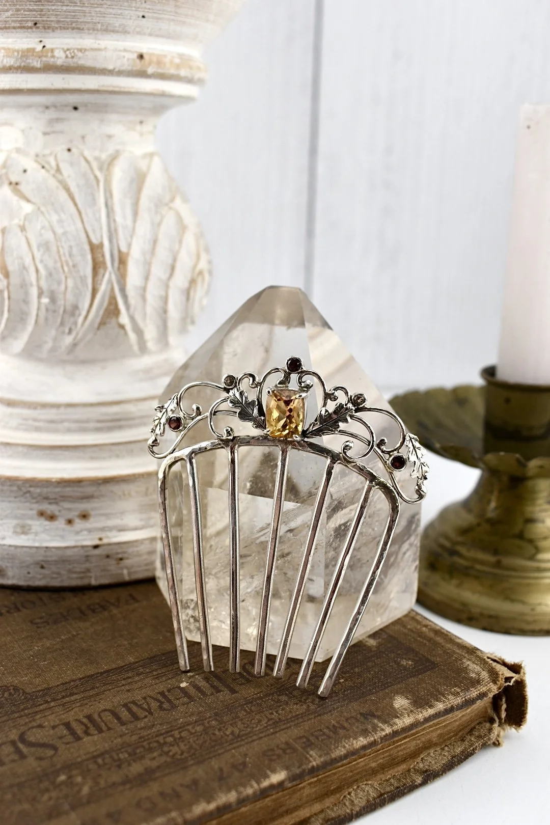 Autumn Silver Garnet and Citrine Oak Leaves Hair Comb