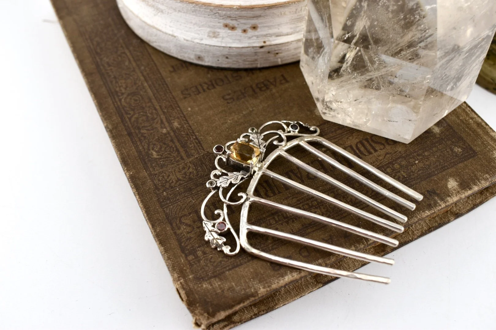 Autumn Silver Garnet and Citrine Oak Leaves Hair Comb