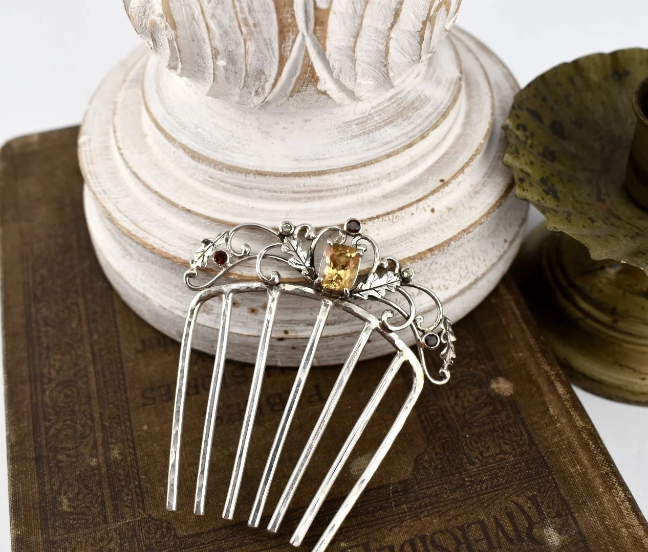 Autumn Silver Garnet and Citrine Oak Leaves Hair Comb