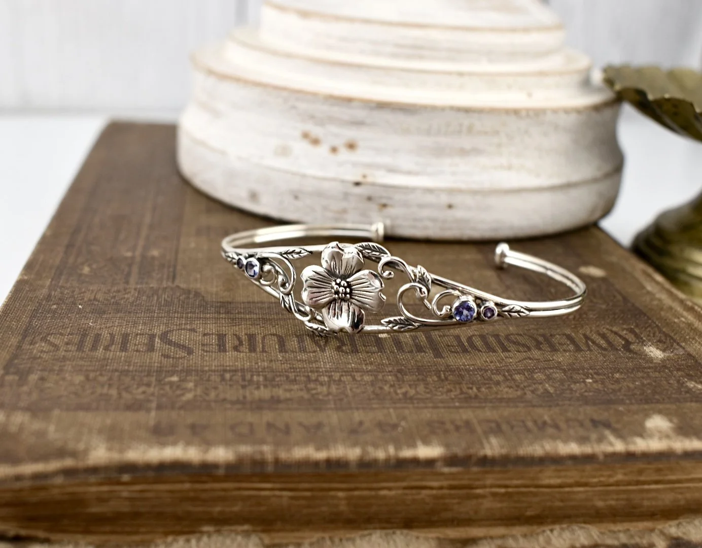 Silver art nouveau inspired dogwood flower cuff bracelet with tanzanite and amethyst