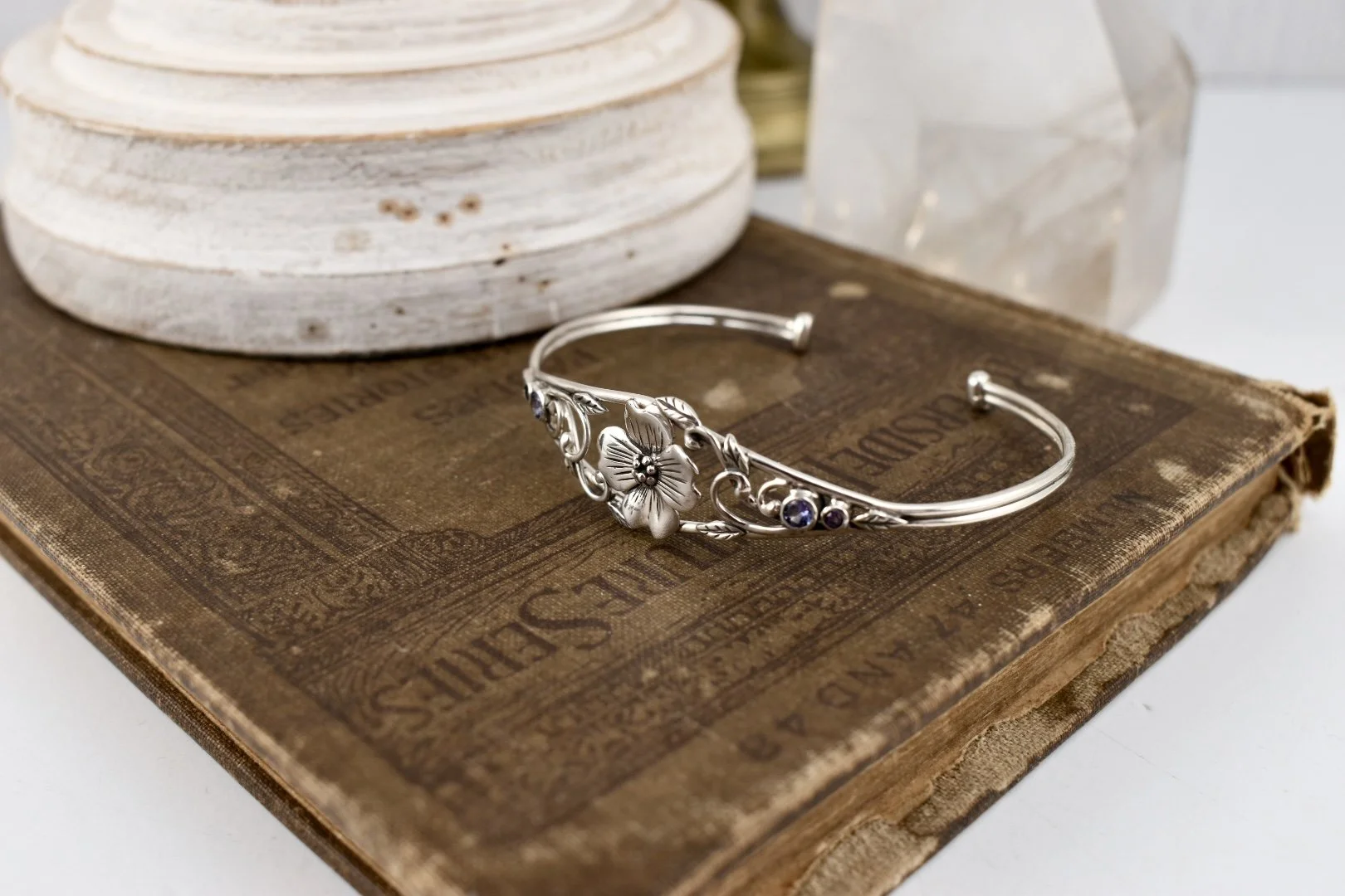 Silver art nouveau inspired dogwood flower cuff bracelet with tanzanite and amethyst