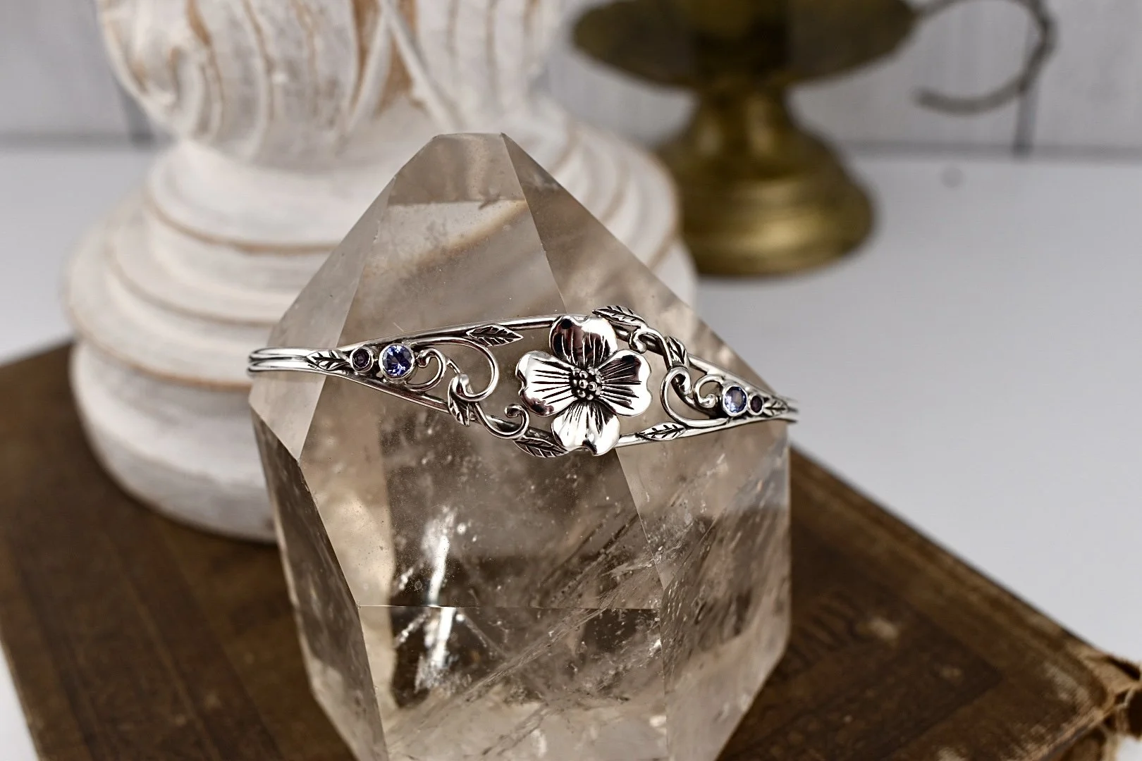 Silver art nouveau inspired dogwood flower cuff bracelet with tanzanite and amethyst