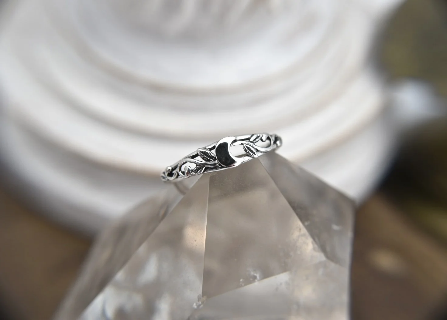 Art Nouveau Silver or Gold Crescent Moon Nature Inspired Ring