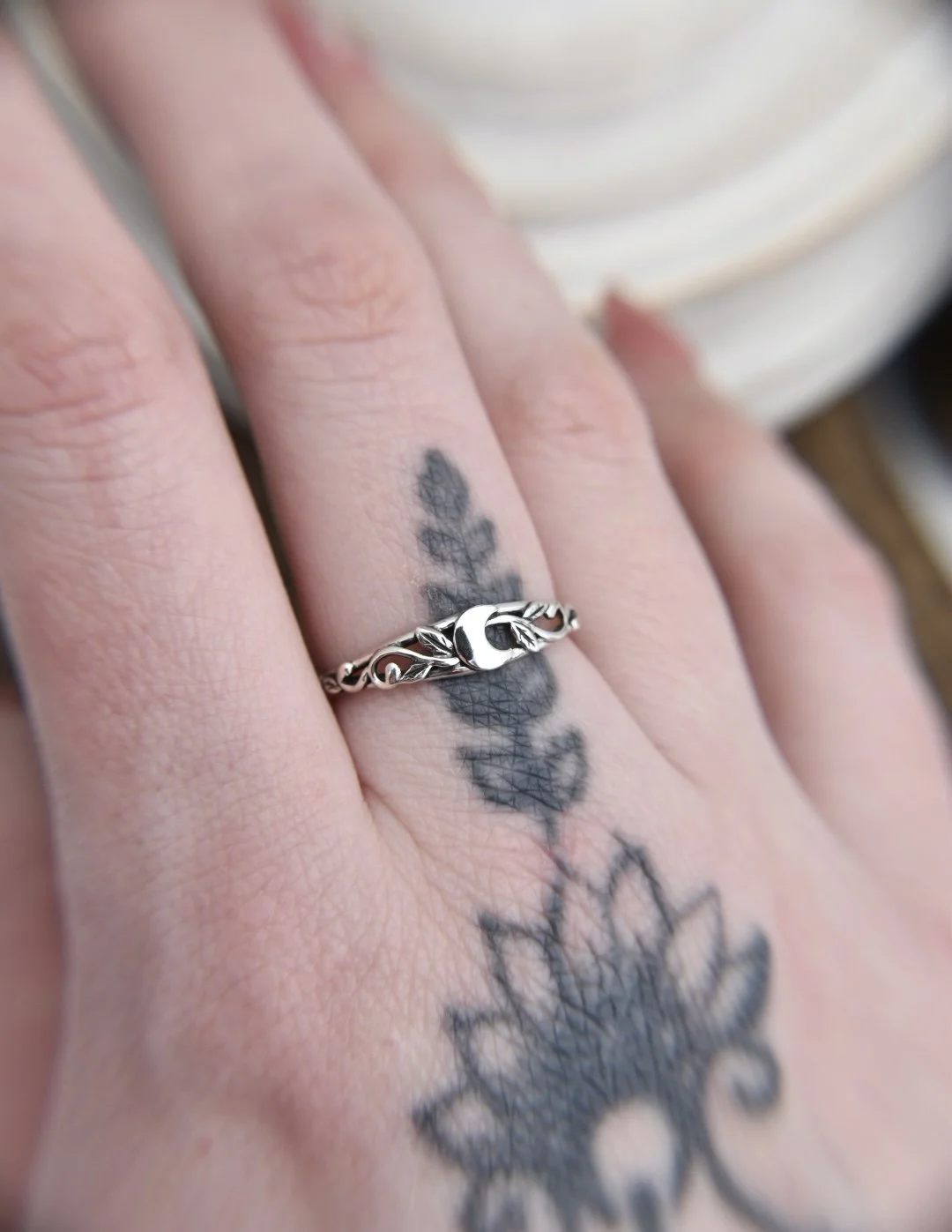 Art Nouveau Silver or Gold Crescent Moon Nature Inspired Ring