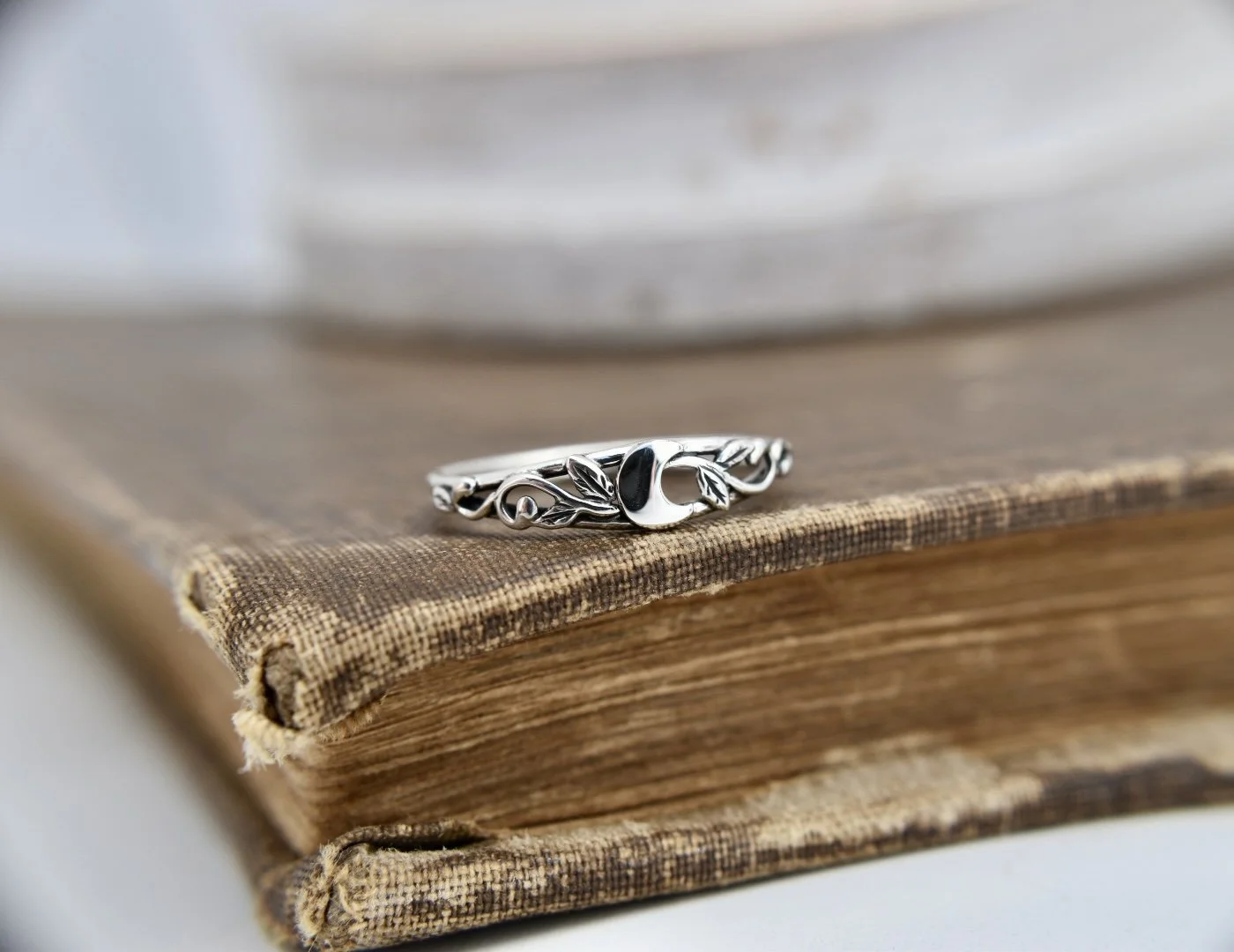 Art Nouveau Silver or Gold Crescent Moon Nature Inspired Ring