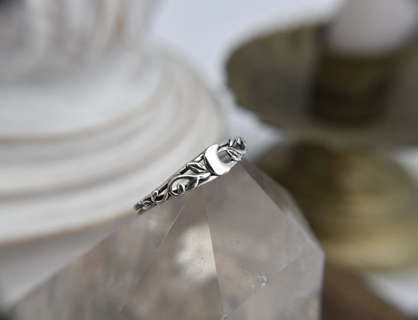 Art Nouveau Silver or Gold Crescent Moon Nature Inspired Ring