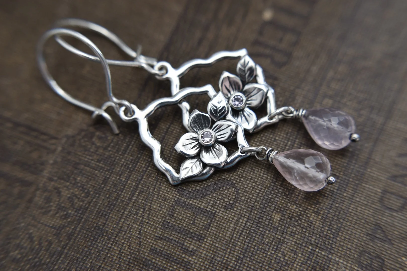 Art Nouveau Inspired Arabesque Design Hydrangea Blossom Earrings With Alexandrite and Rose Quartz