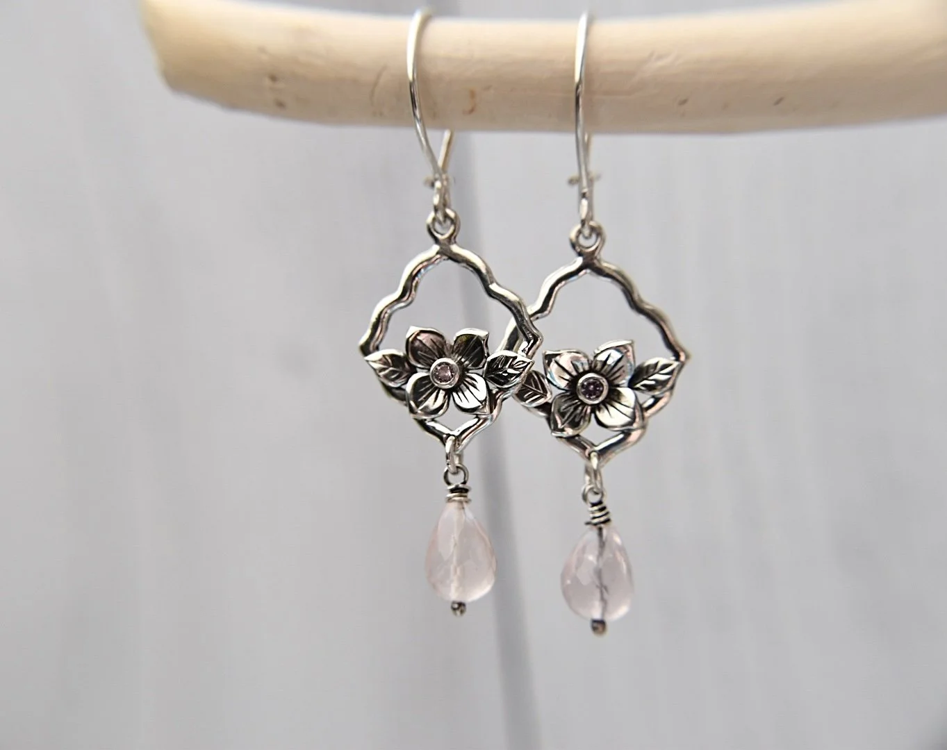 Art Nouveau Inspired Arabesque Design Hydrangea Blossom Earrings With Alexandrite and Rose Quartz