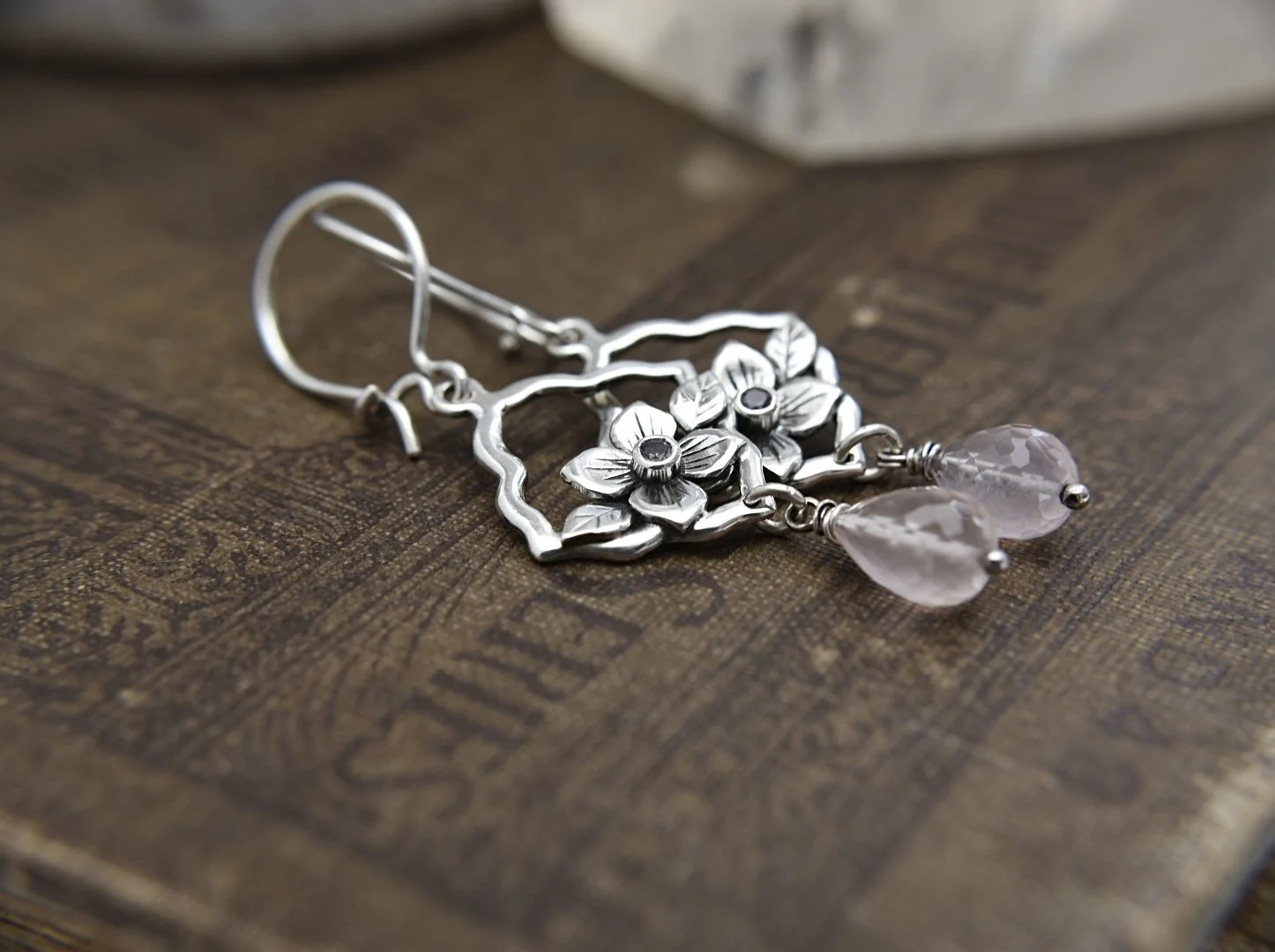Art Nouveau Inspired Arabesque Design Hydrangea Blossom Earrings With Alexandrite and Rose Quartz