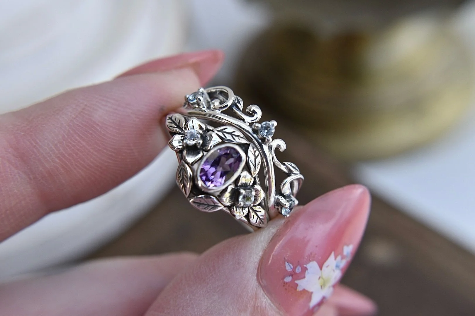 A new stacking ring is in the shop! This one was made just like the Luthien filigree stacker but this time contoured to fit the Elora rings (shown here with the stacker). It&rsquo;s now available in your choice of metals and stone combos!