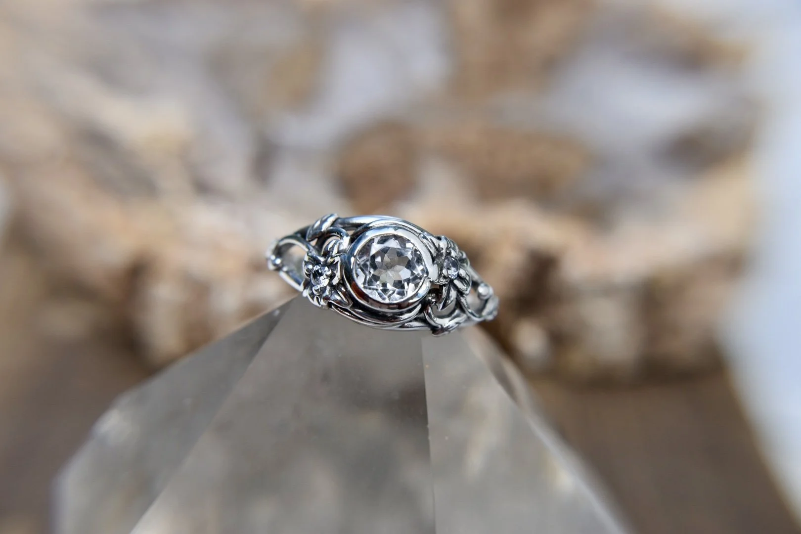 Handcrafted silver or gold art nouveau fantasy engagement ring with trillium flowers