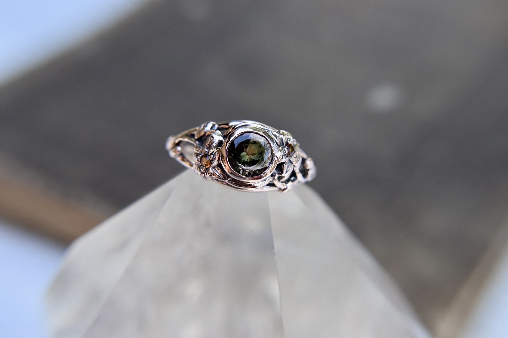 Handcrafted silver or gold art nouveau fantasy engagement ring with trillium flowers