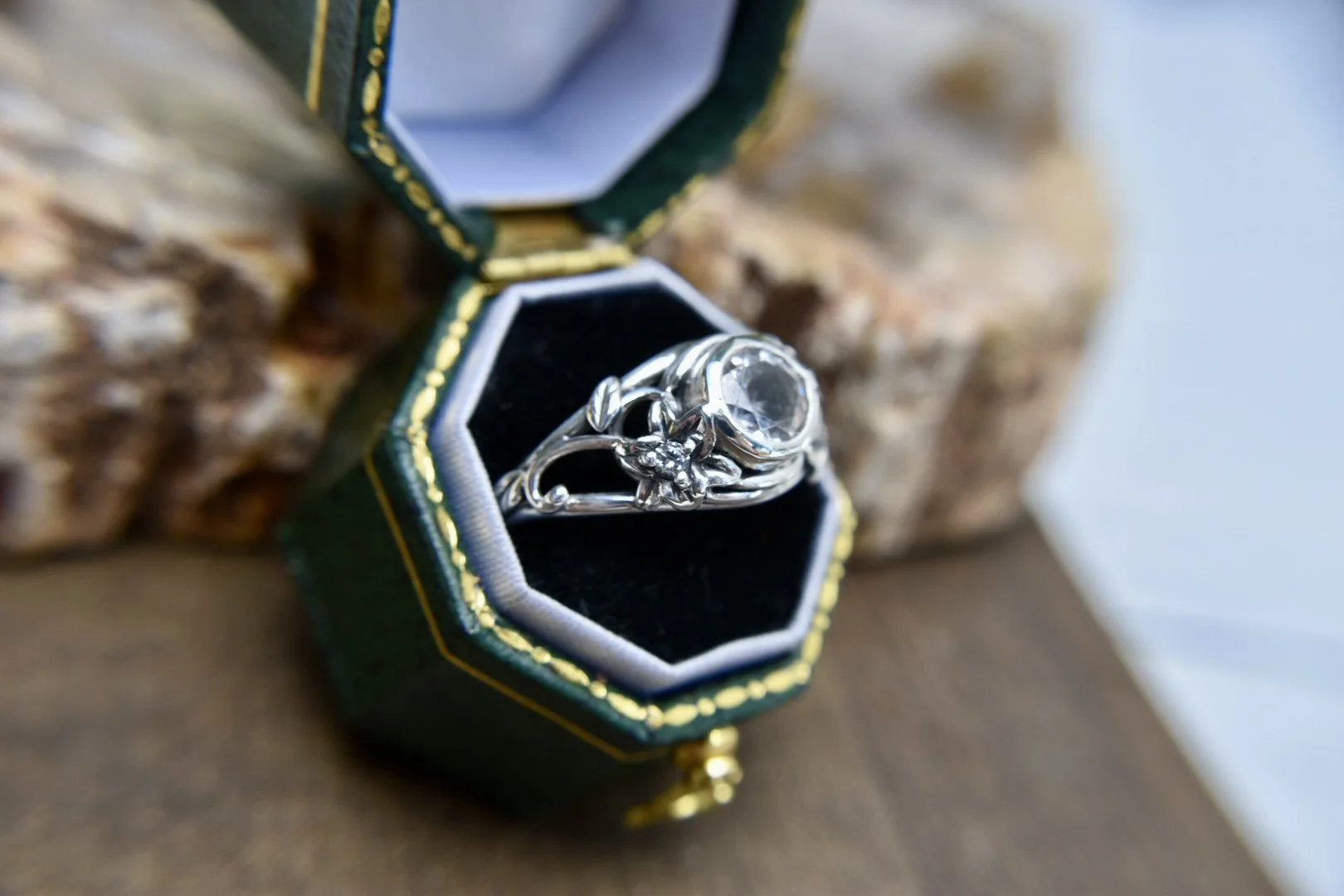 Handcrafted silver or gold art nouveau fantasy engagement ring with trillium flowers