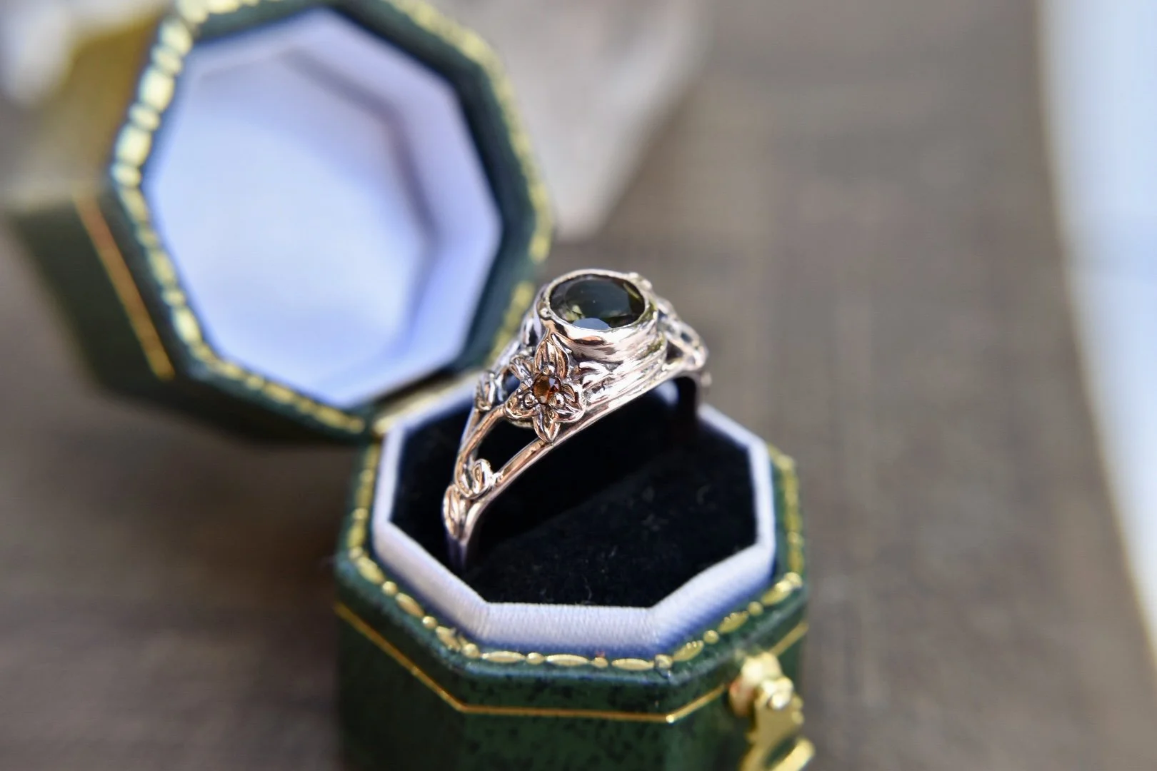 Handcrafted silver or gold art nouveau fantasy engagement ring with trillium flowers