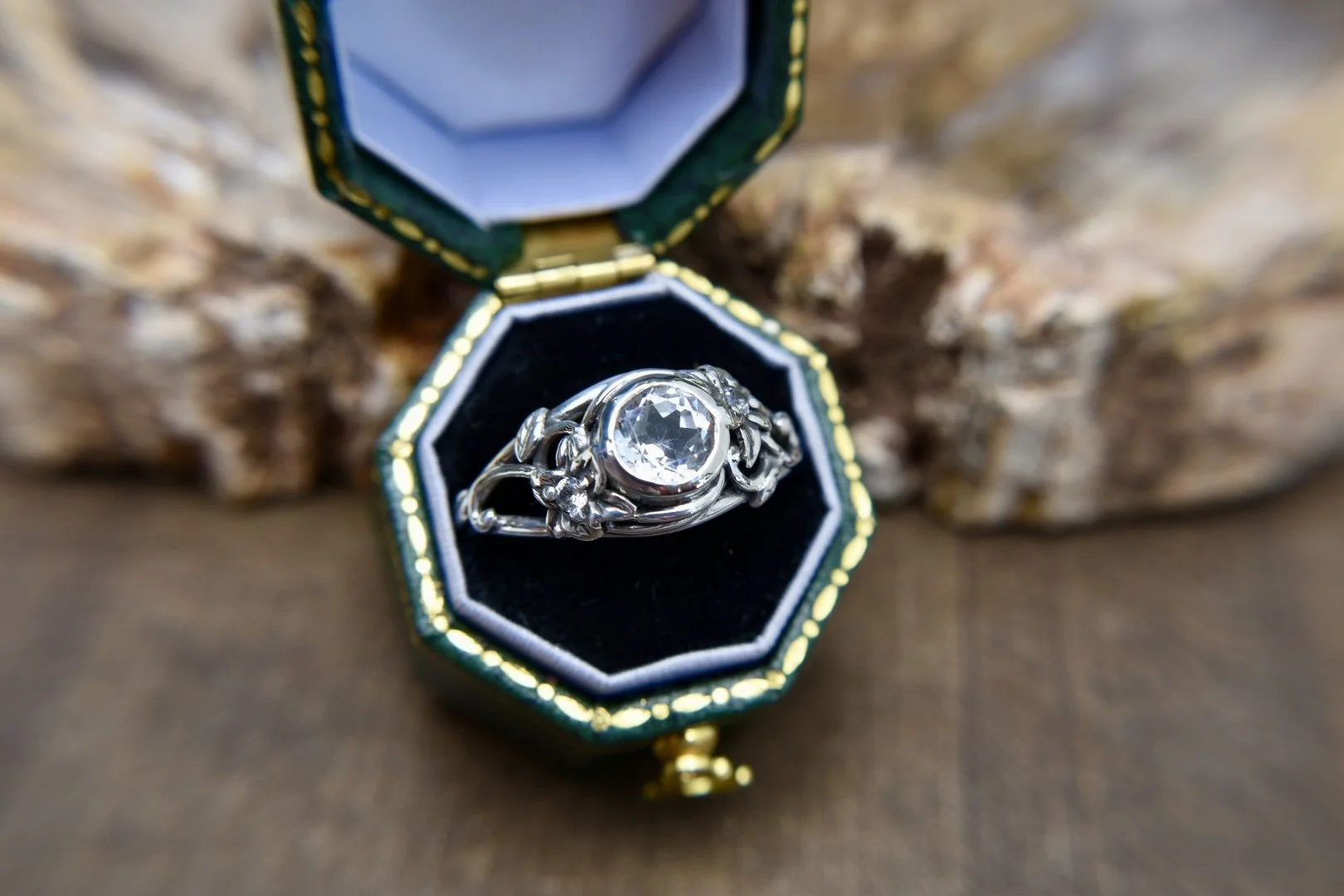 Handcrafted silver or gold art nouveau fantasy engagement ring with trillium flowers