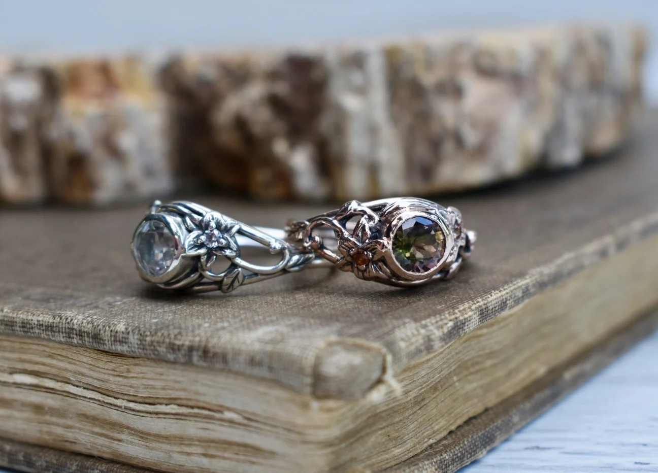 Handcrafted silver or gold art nouveau fantasy engagement ring with trillium flowers