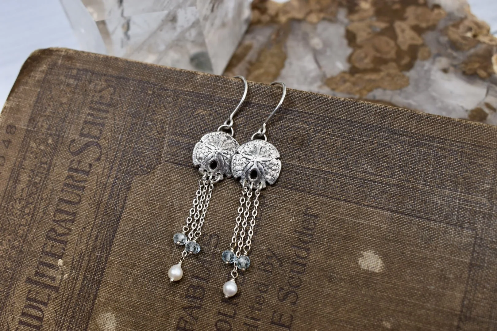 Sand Dollar Dangle Earrings with Pearls and Blue Topaz Beads