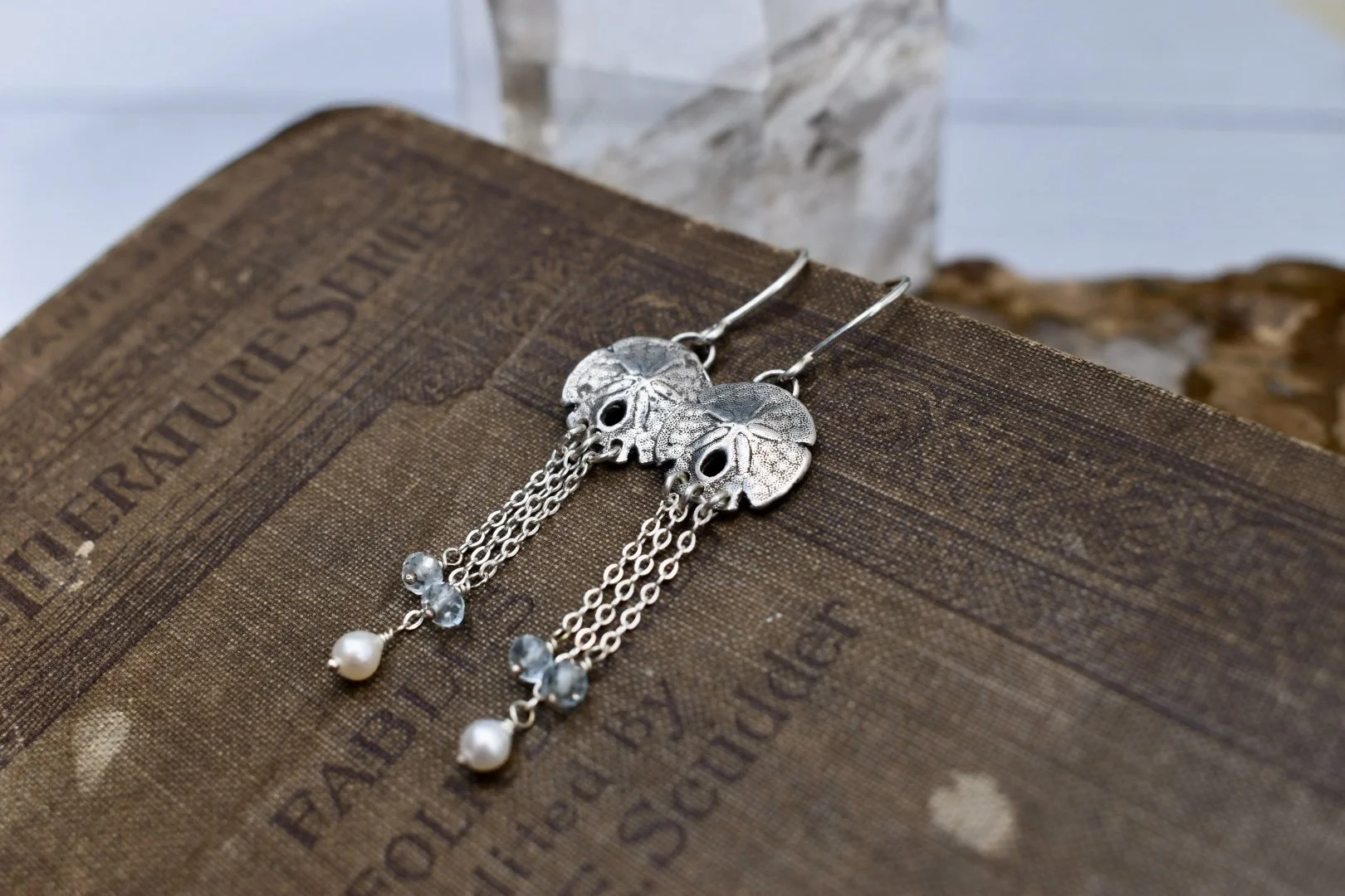 Sand Dollar Dangle Earrings with Pearls and Blue Topaz Beads