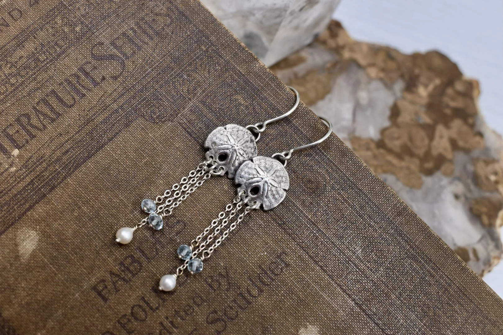 Sand Dollar Dangle Earrings with Pearls and Blue Topaz Beads