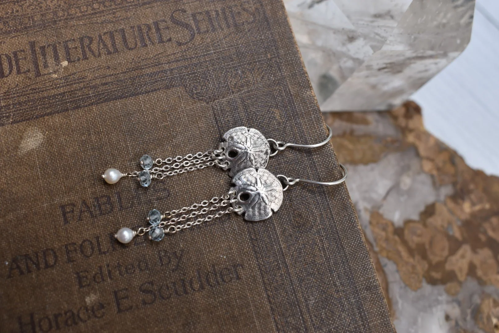 Sand Dollar Dangle Earrings with Pearls and Blue Topaz Beads