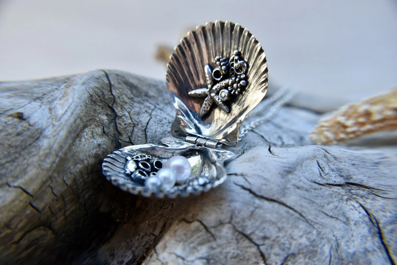 “Mermaid’s Purse” Silver Scallop Shell Locket With pearls and aquamarine