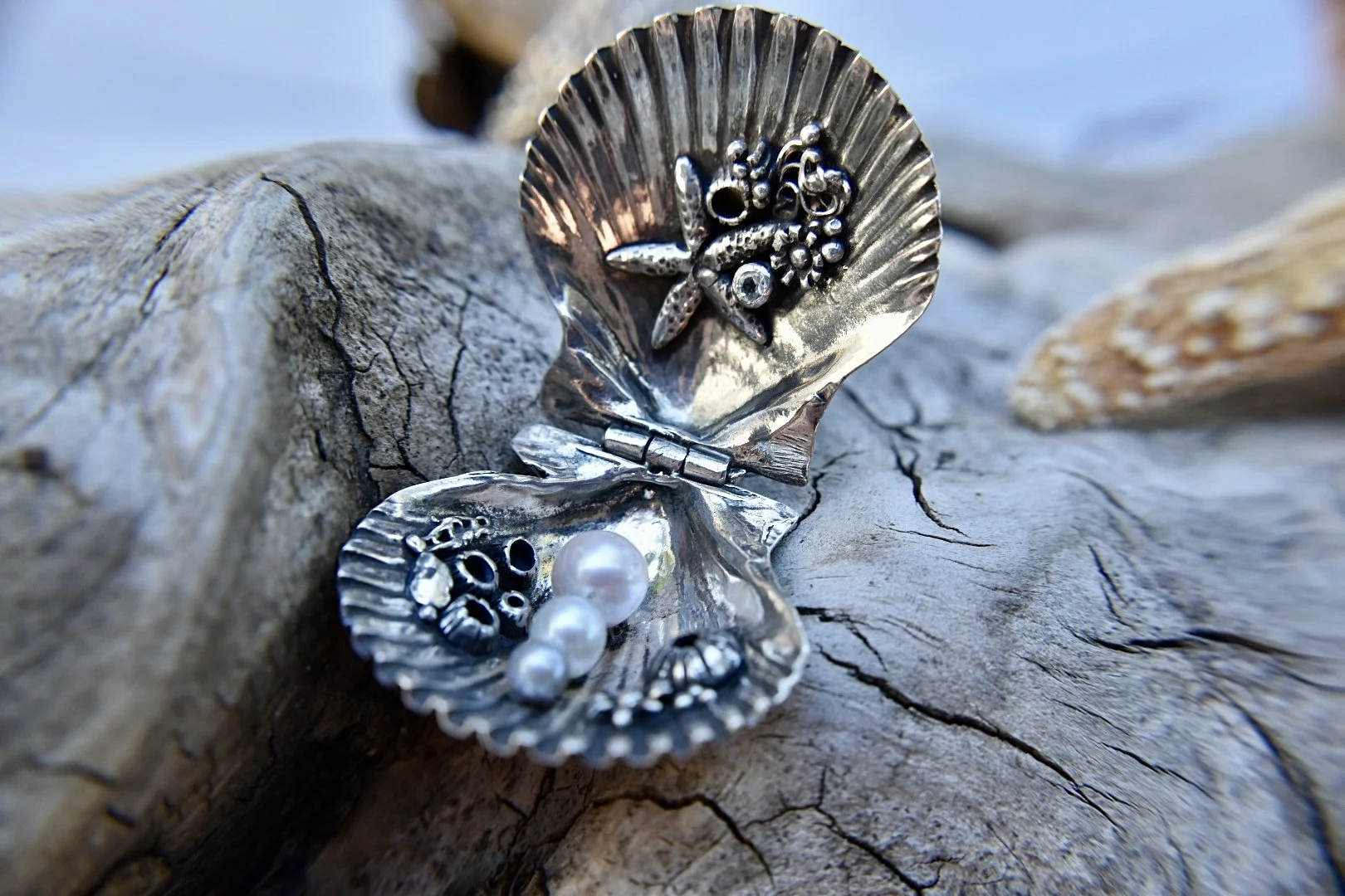 “Mermaid’s Purse” Silver Scallop Shell Locket With pearls and aquamarine