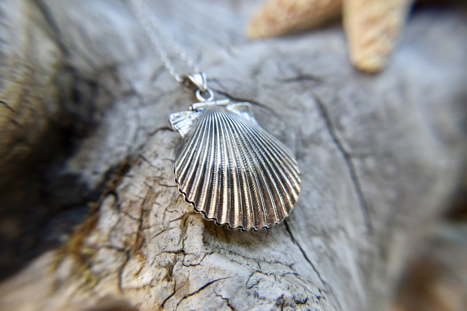“Mermaid’s Purse” Silver Scallop Shell Locket With pearls and aquamarine