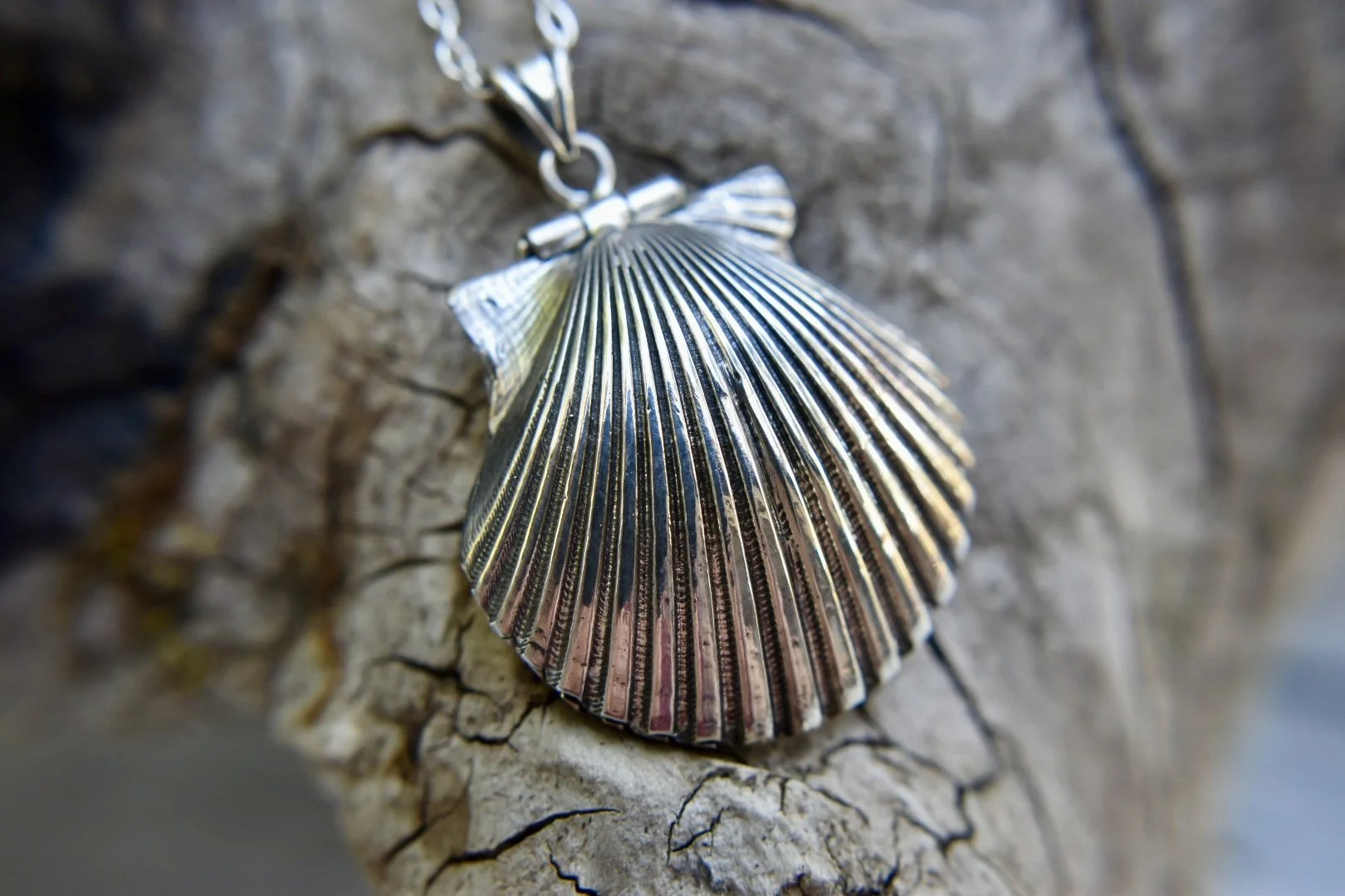 “Mermaid’s Purse” Silver Scallop Shell Locket With pearls and aquamarine