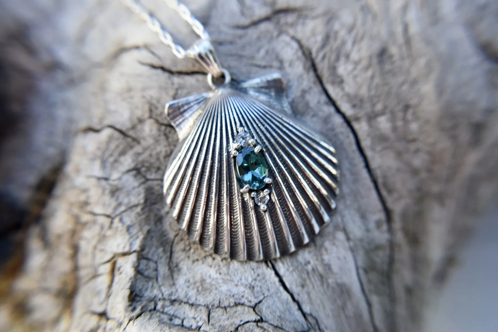 Silver Scallop Shell and Tourmaline Pendant With Aquamarine