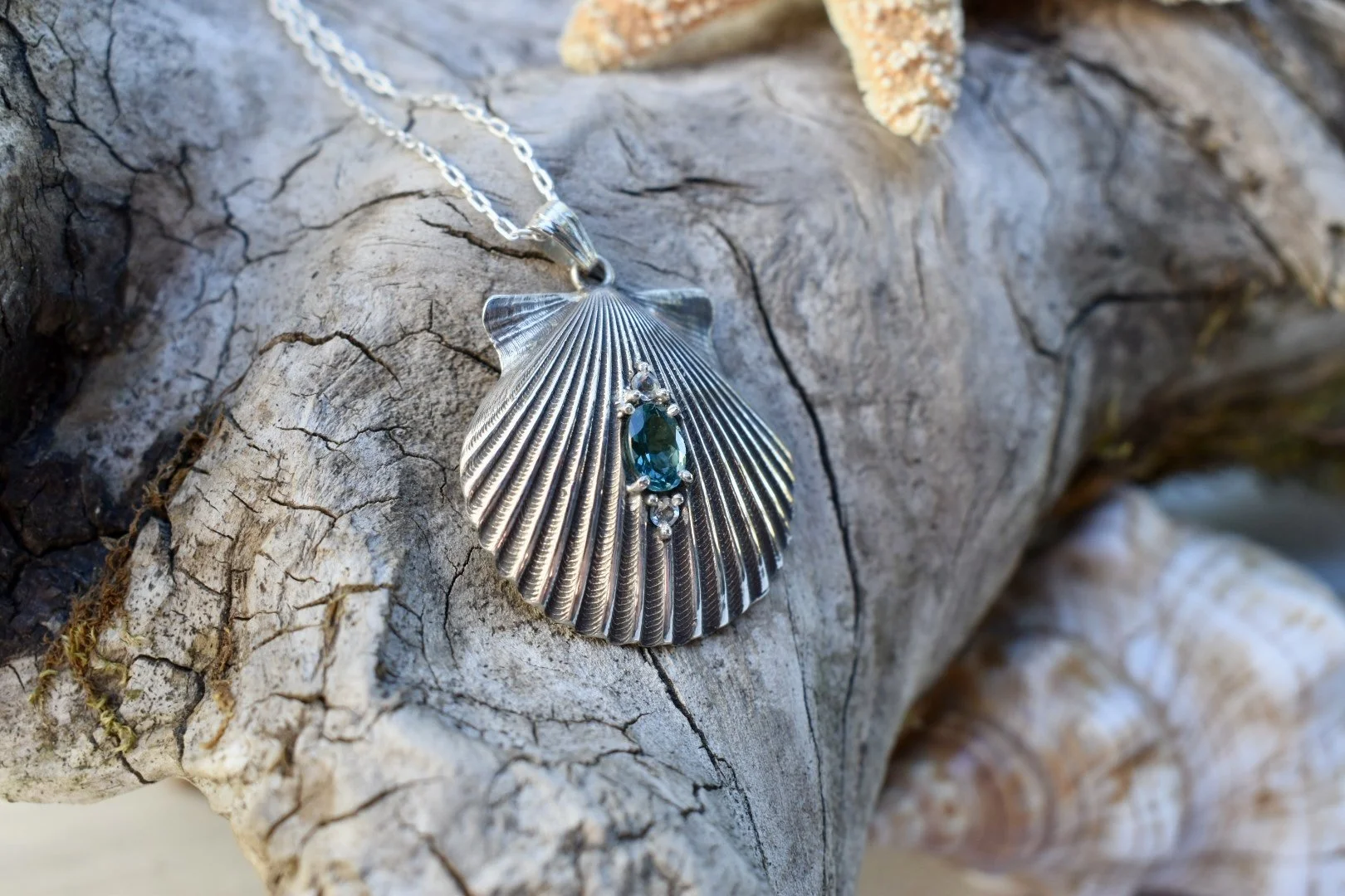 Silver Scallop Shell and Tourmaline Pendant With Aquamarine