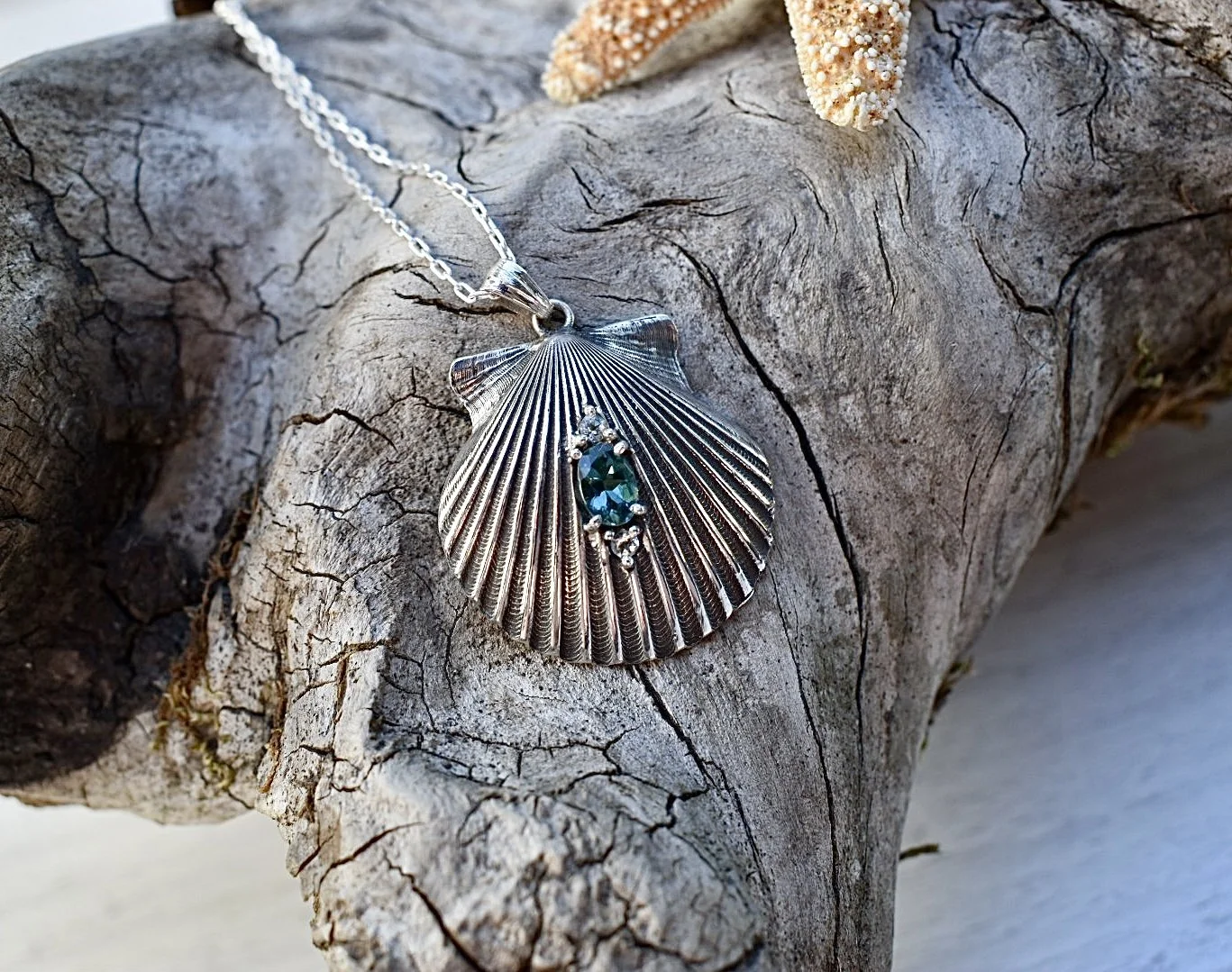 Silver Scallop Shell and Tourmaline Pendant With Aquamarine