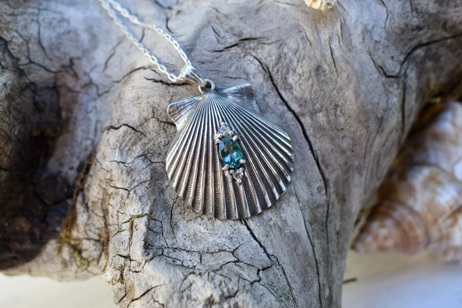 Silver Scallop Shell and Tourmaline Pendant With Aquamarine