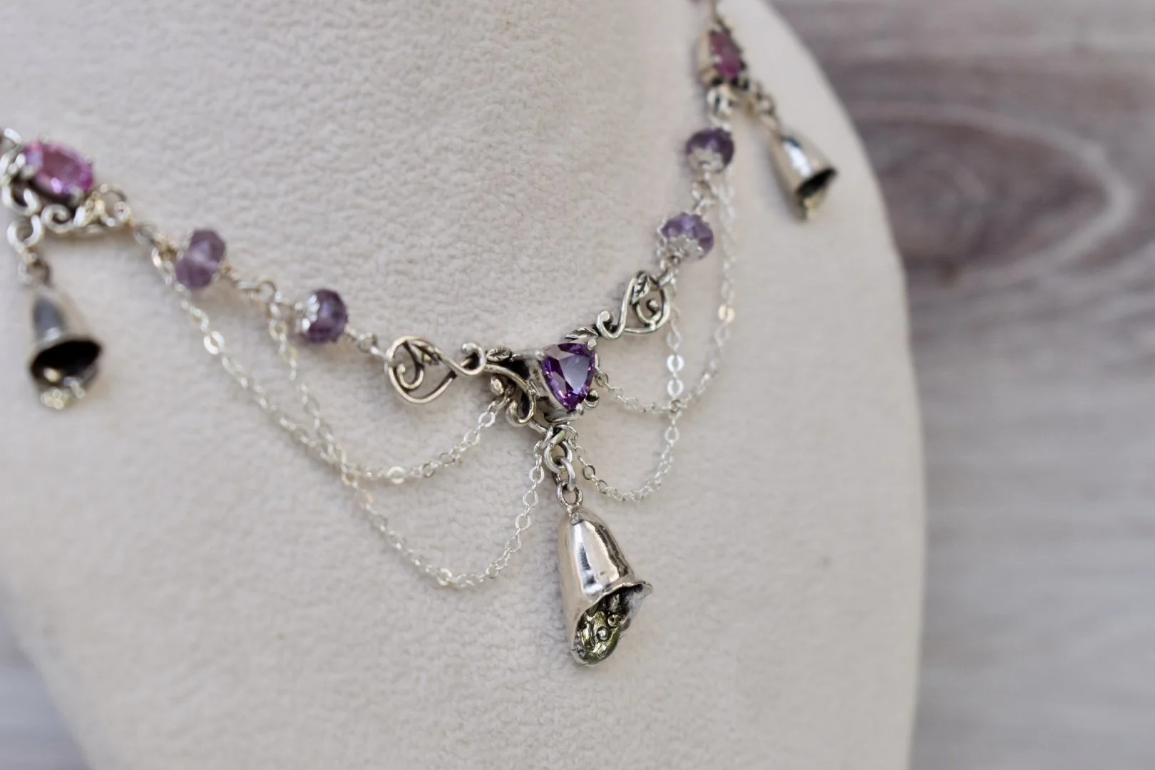 foxglove sterling silver art nouveau inspired statement necklace with tourmaline and alexandrite