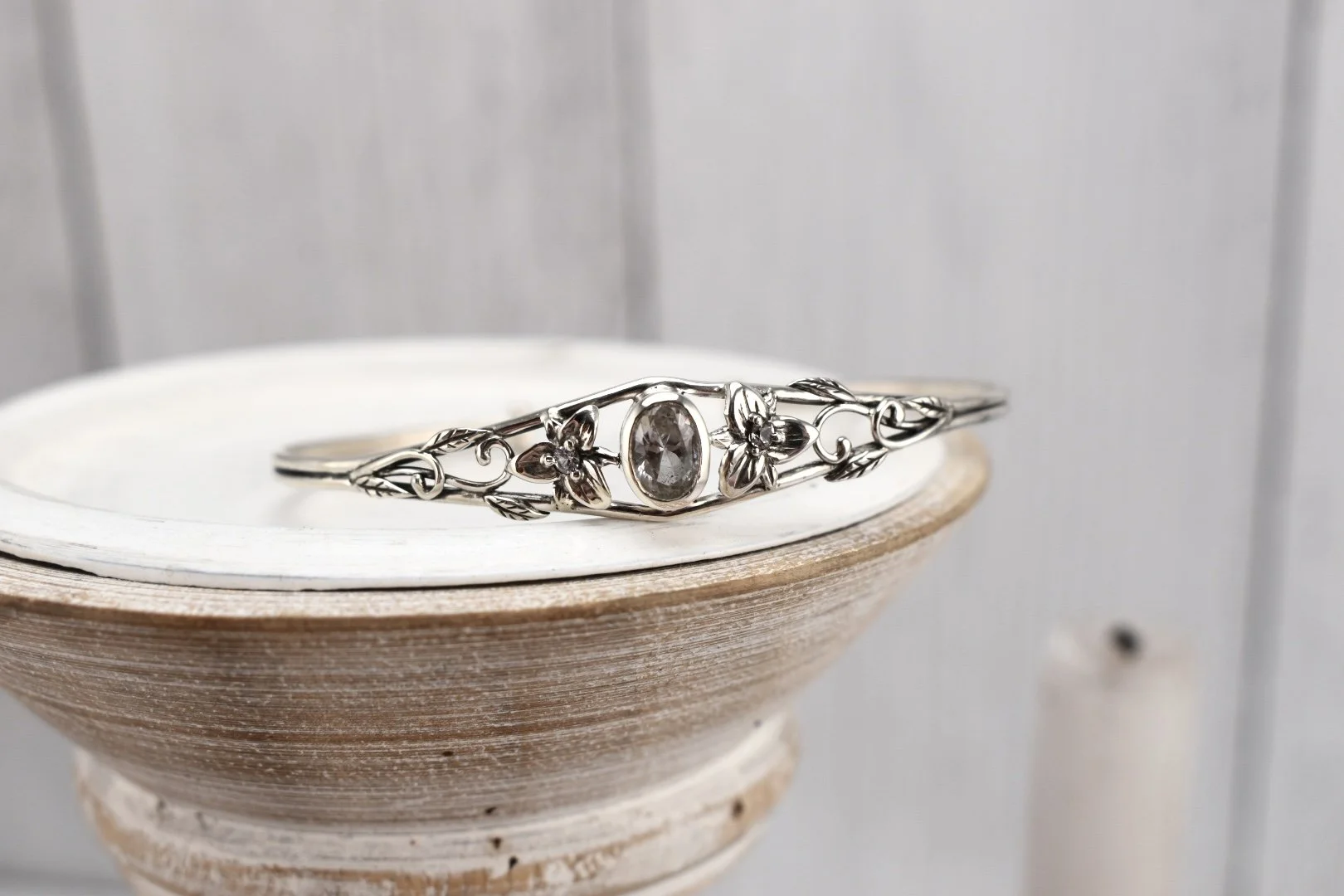 Art Nouveau Inspired Trillium Flower Silver Cuff Bracelet with White Sapphires