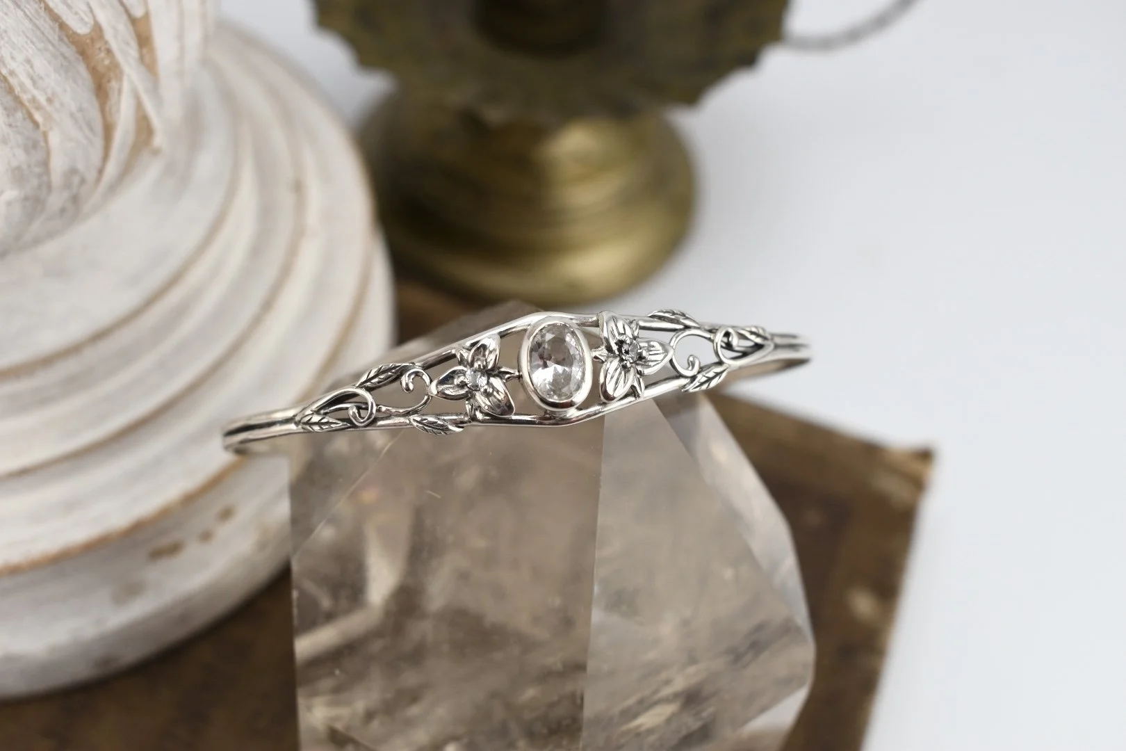Art Nouveau Inspired Trillium Flower Silver Cuff Bracelet with White Sapphires