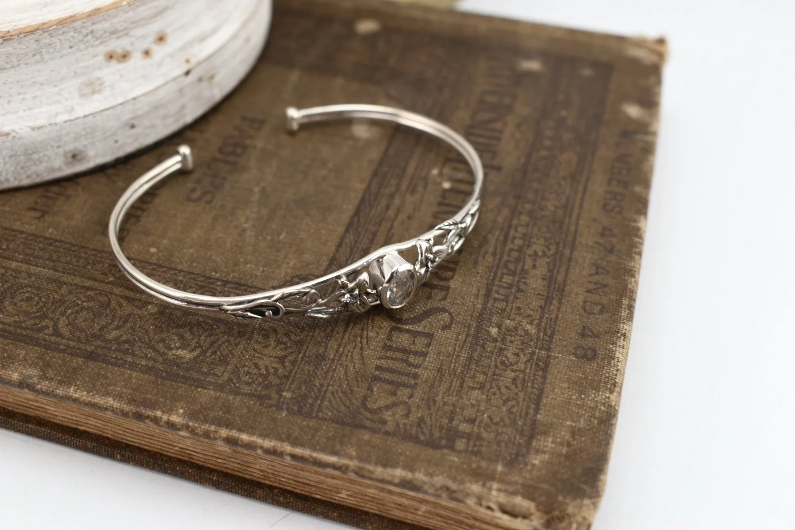 Art Nouveau Inspired Trillium Flower Silver Cuff Bracelet with White Sapphires