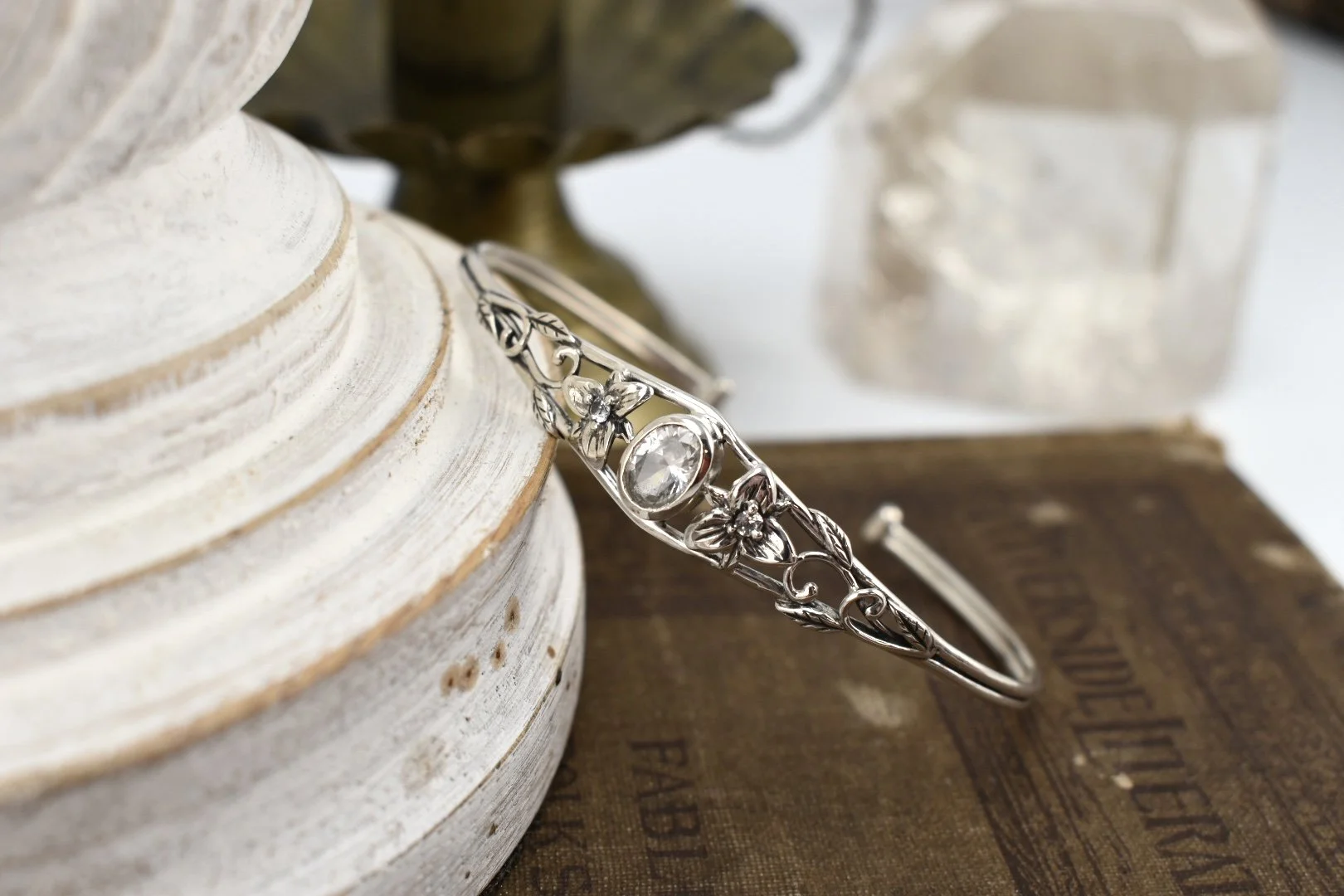 Art Nouveau Inspired Trillium Flower Silver Cuff Bracelet with White Sapphires