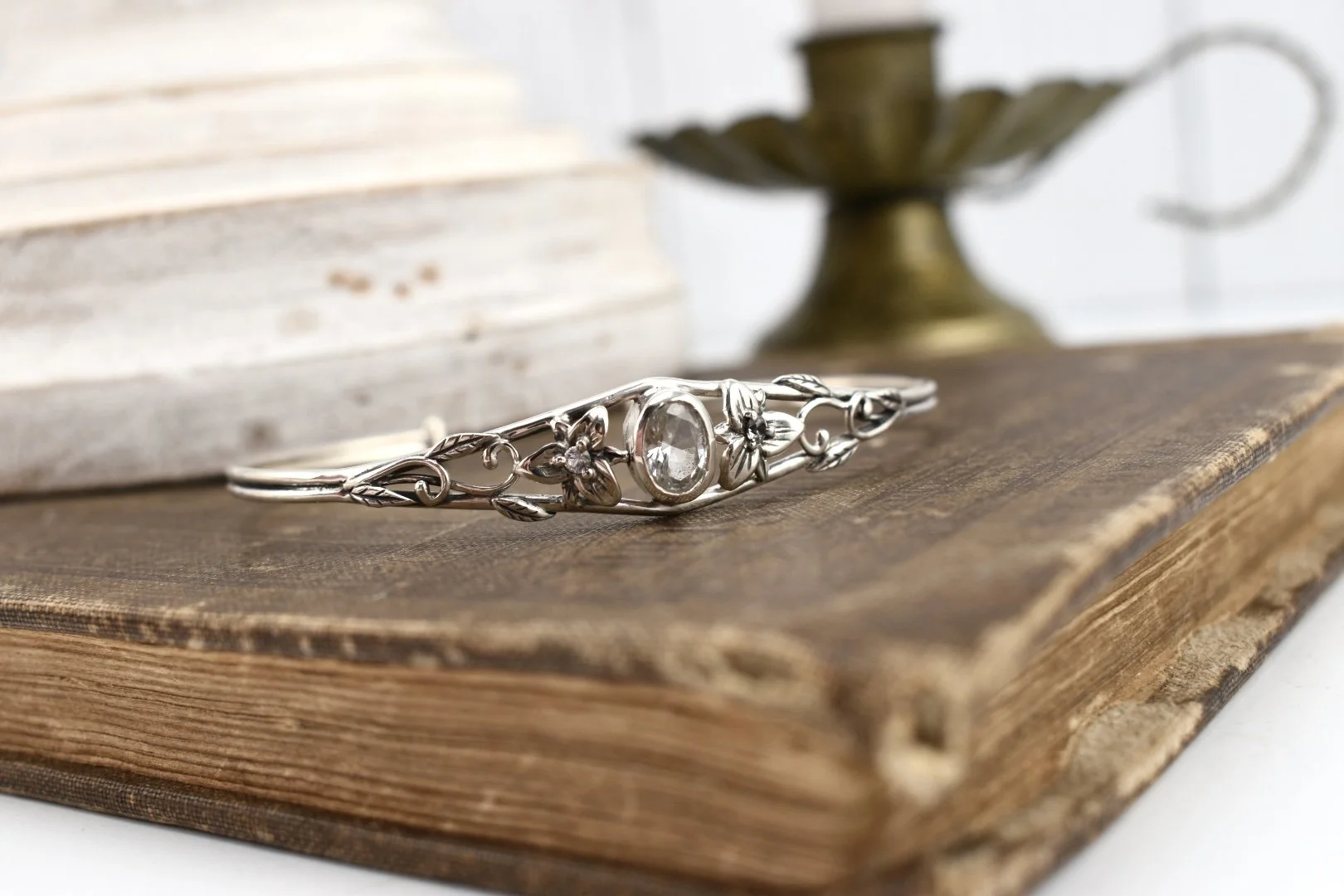 Art Nouveau Inspired Trillium Flower Silver Cuff Bracelet with White Sapphires