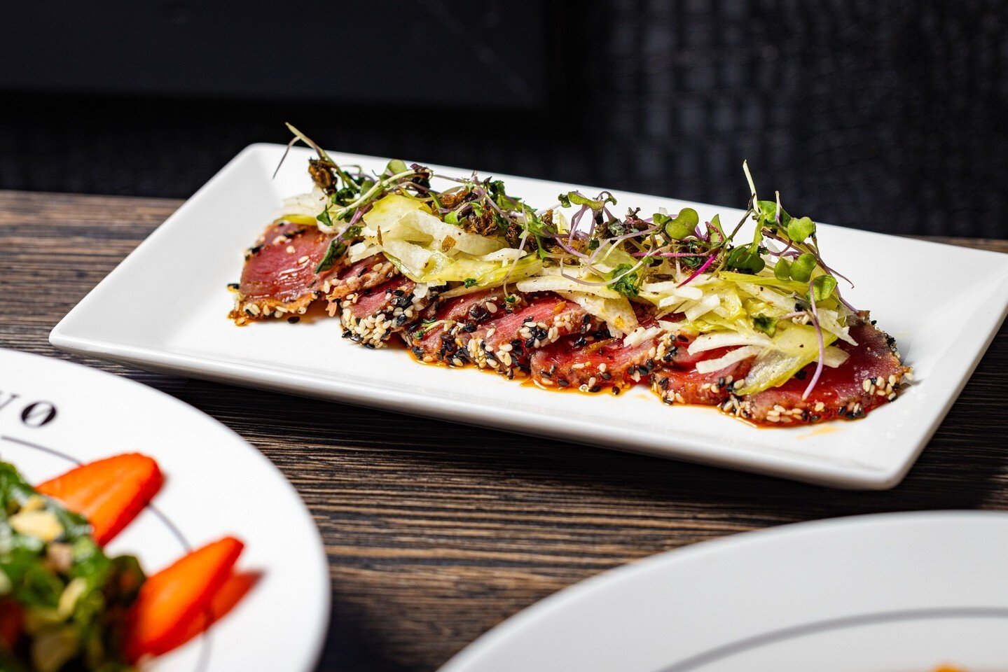 Crudo for days! 😍 𝗕𝗟𝗨𝗘𝗙𝗜𝗡 𝗧𝗨𝗡𝗔 𝗖𝗥𝗨𝗗𝗢 thinly sliced sesame-encrusted tuna, lightly seared, served with jicama slaw and chili oil⁠
⁠
It's Shabbat Friday! Stop by for lunch. Otherwise, we will see you for dinner tomorrow night!⁠
⁠
𝗨𝗣?