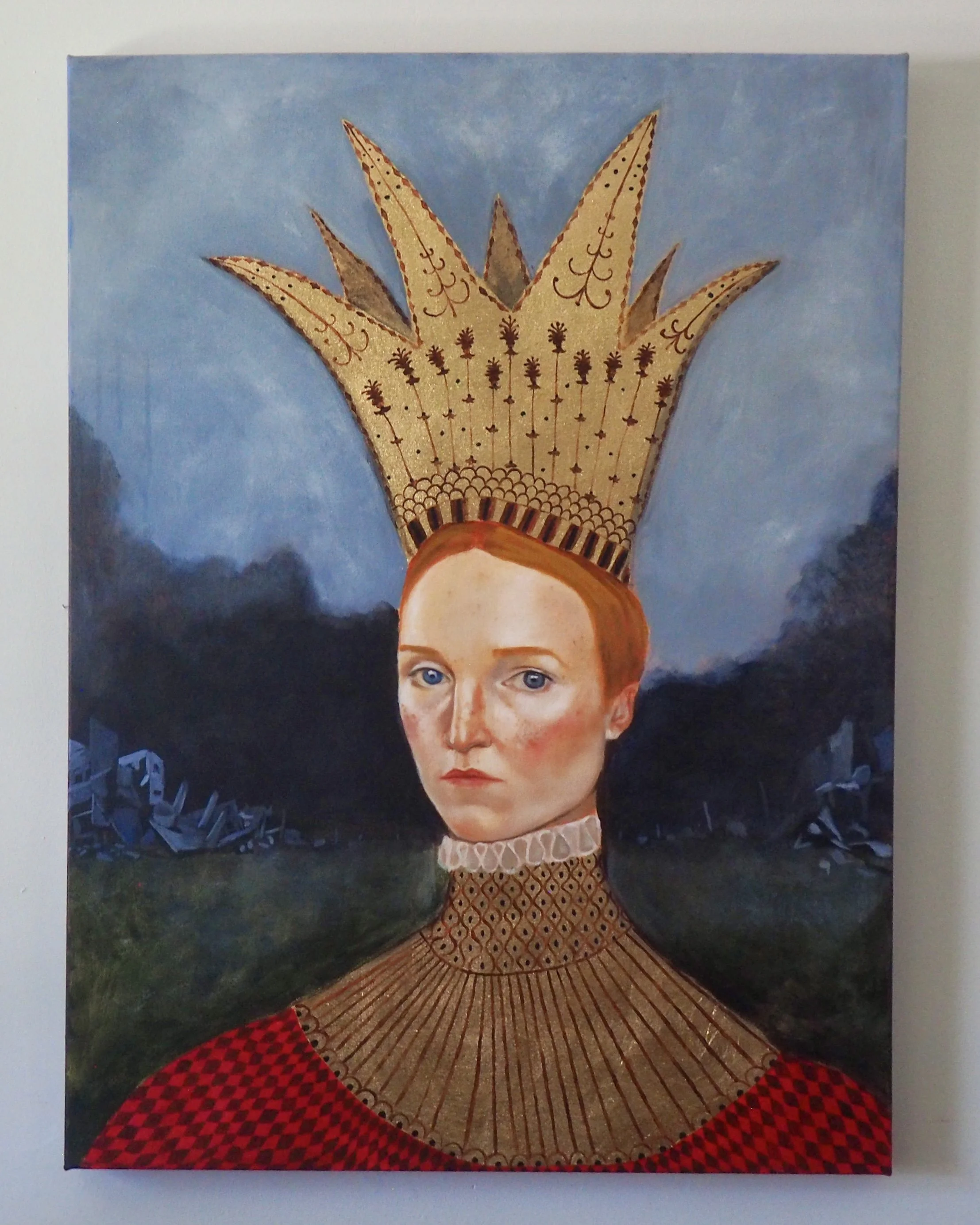 Me, Modelling the Crown I Bought on Temu, oil and metal leaf on canvas, 30" x 40" 